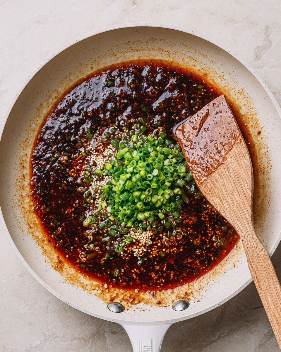 A white pan filled with a dark reddish-brown sauce that has a thick, oily texture and visible bits of seasoning and seeds, topped in the center with a small pile of chopped green onions. A wooden spatula rests on the right side of the pan, partially mixing the sauce and green onions. The pan is set on a white marbled surface. photo taken with an iphone --ar 4:5 --v 7