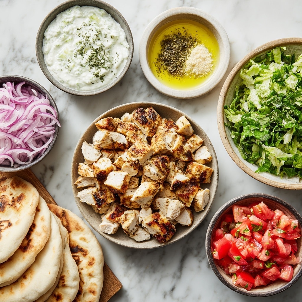 On a white plate with a white marbled surface beneath, there is one round flat tortilla as the base. On top of the tortilla, there are several grilled strips of seasoned chicken stacked thick in the center, showing a mix of light brown, dark grill marks, and juicy textures. Above the chicken is a generous layer of creamy white sauce with green herb pieces mixed inside, spread unevenly but covering most of the chicken. Sitting on the sauce is a pile of fresh tomato salsa made of bright red, chopped tomato pieces mixed with small slices of purple onion and finely chopped green herbs, giving a fresh, colorful look. The lighting highlights the moistness and texture of each layer. Photo taken with an iphone --ar 4:5 --v 7