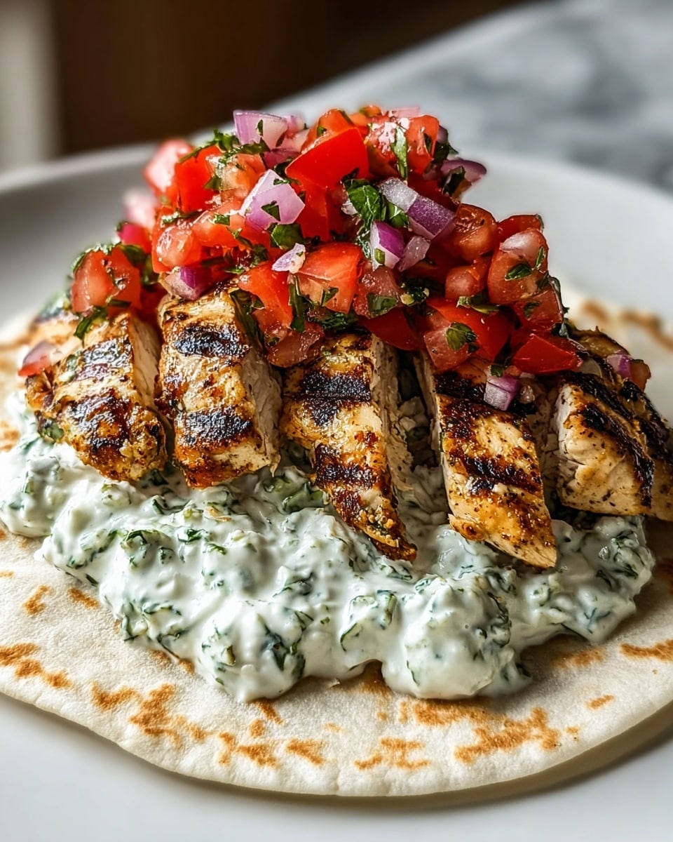The image shows a stack of grilled chicken pieces with char marks, placed on a round flatbread on a white plate. Under the chicken, there is a layer of sliced red tomatoes, yellow bell pepper, and some finely cut red onion, adding bright colors at the base. On top of the grilled chicken, there is a generous dollop of white creamy sauce with visible green herbs mixed inside, giving a fresh look. The white plate sits on a white marbled surface, and the scene is captured in close-up, showing the juicy texture and seasoning on the chicken. photo taken with an iphone --ar 4:5 --v 7
