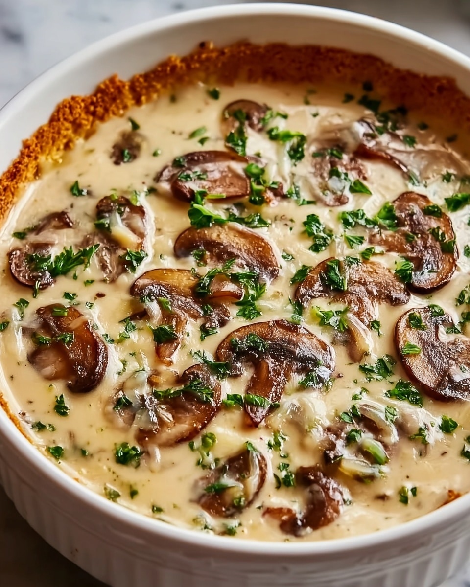 A white bowl filled with creamy mushroom soup, showing several thin slices of brown mushrooms floating on the surface mixed evenly in the light beige creamy base. The soup is topped with scattered small green parsley pieces that add a touch of color. Along the edge of the bowl, a light brown baked crust is visible, giving a slightly crispy border. The bowl sits on a white marbled surface. photo taken with an iphone --ar 4:5 --v 7