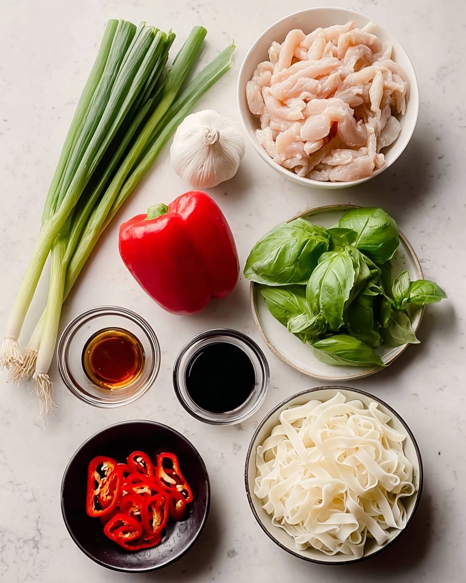 A white marbled surface shows an arrangement of fresh ingredients: a bunch of green spring onions on the left, a whole garlic bulb below them, and a large red bell pepper next to the spring onions. Above the pepper is a white bowl filled with light pink raw chicken strips. To the right of the chicken is a white plate with bright green basil leaves. Below the basil, there are three small clear glass bowls with different sauces and brown sugar inside them, with the front bowl containing dark soy sauce. In the center bottom is a white bowl filled with wide, flat white noodles, and next to it, a black bowl holds sliced red chili peppers. The colors are fresh and natural, with a clean and bright look. photo taken with an iphone --ar 4:5 --v 7