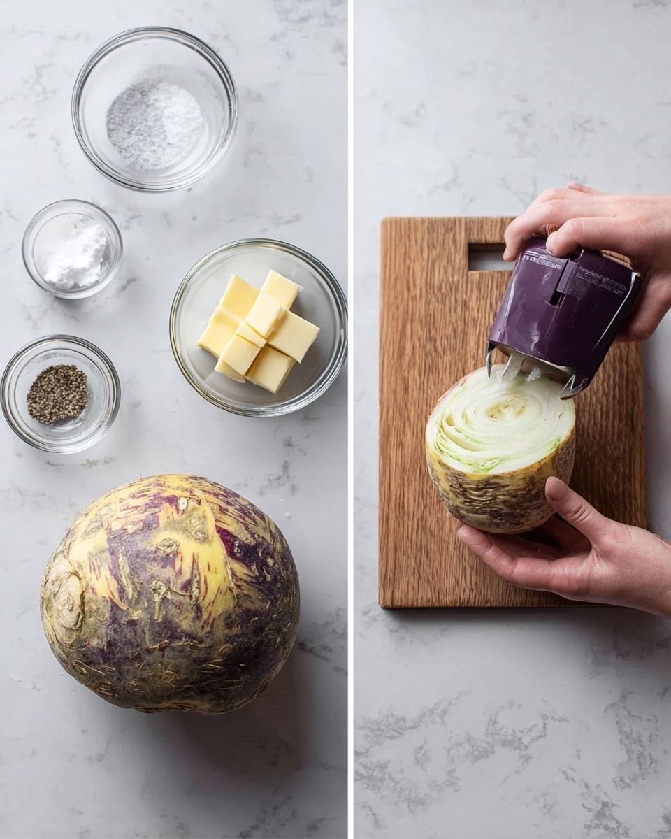 The image shows two parts: on the left, a round rutabaga with a rough, mottled purple and yellow skin lies on a white marbled surface, surrounded by three small clear glass bowls containing white salt and black pepper, white cream, and three small pieces of yellow butter; on the right, a woman's hand holds the rutabaga with a purple and black peeler, removing the outer skin to reveal the pale green and white inside, over a wooden cutting board. photo taken with an iphone --ar 4:5 --v 7