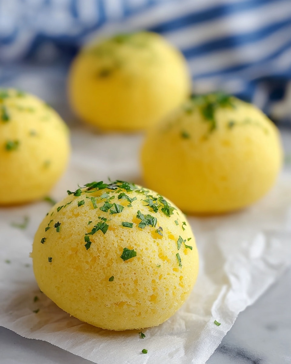 The image shows five round, smooth, yellow balls arranged on a white plate. Four of the balls are whole, while the one in the center is broken open to show a creamy, slightly textured inside with bits of green herbs mixed in. Each ball is sprinkled with small green herbs on top, adding a fresh look. The plate sits on a white marbled surface, and there are little bits of green herbs scattered around the plate. A blue and white striped cloth is partially visible in the background. photo taken with an iphone --ar 4:5 --v 7