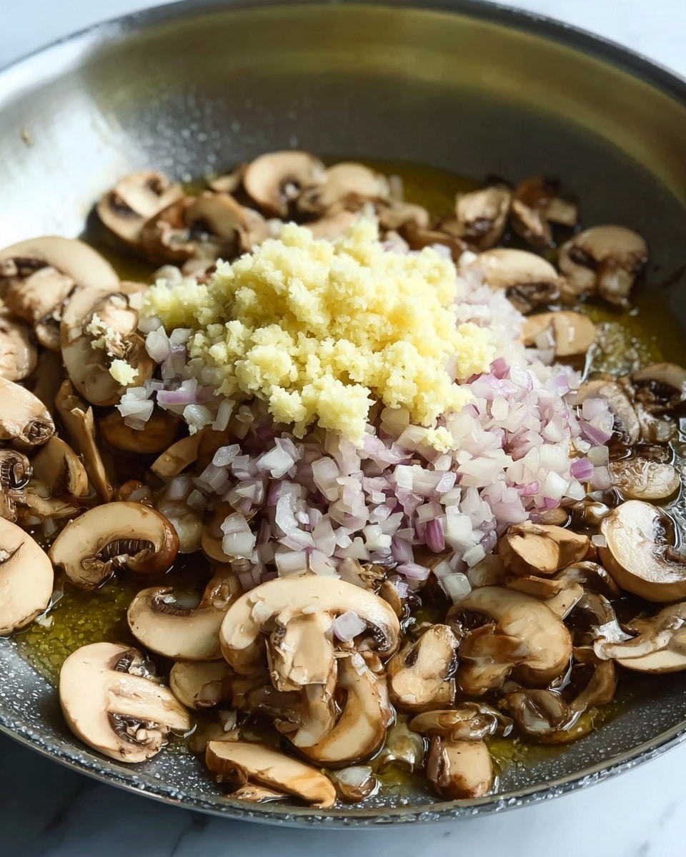 The image shows a close-up of a pan with three main layers of ingredients. The bottom layer is light brown sautéed mushroom slices spread evenly across the pan, showing a soft and shiny texture from the oil. On top of the mushrooms is a mound of finely chopped shallots, light purple and white in color, piled in the center. Sitting on the shallots are two small heaps of minced garlic, pale yellow and slightly coarse in texture, positioned one on top of the shallots and one just below them on the mushrooms. The pan surface is metallic silver, and the whole scene is set against a white marbled texture. Photo taken with an iphone --ar 4:5 --v 7