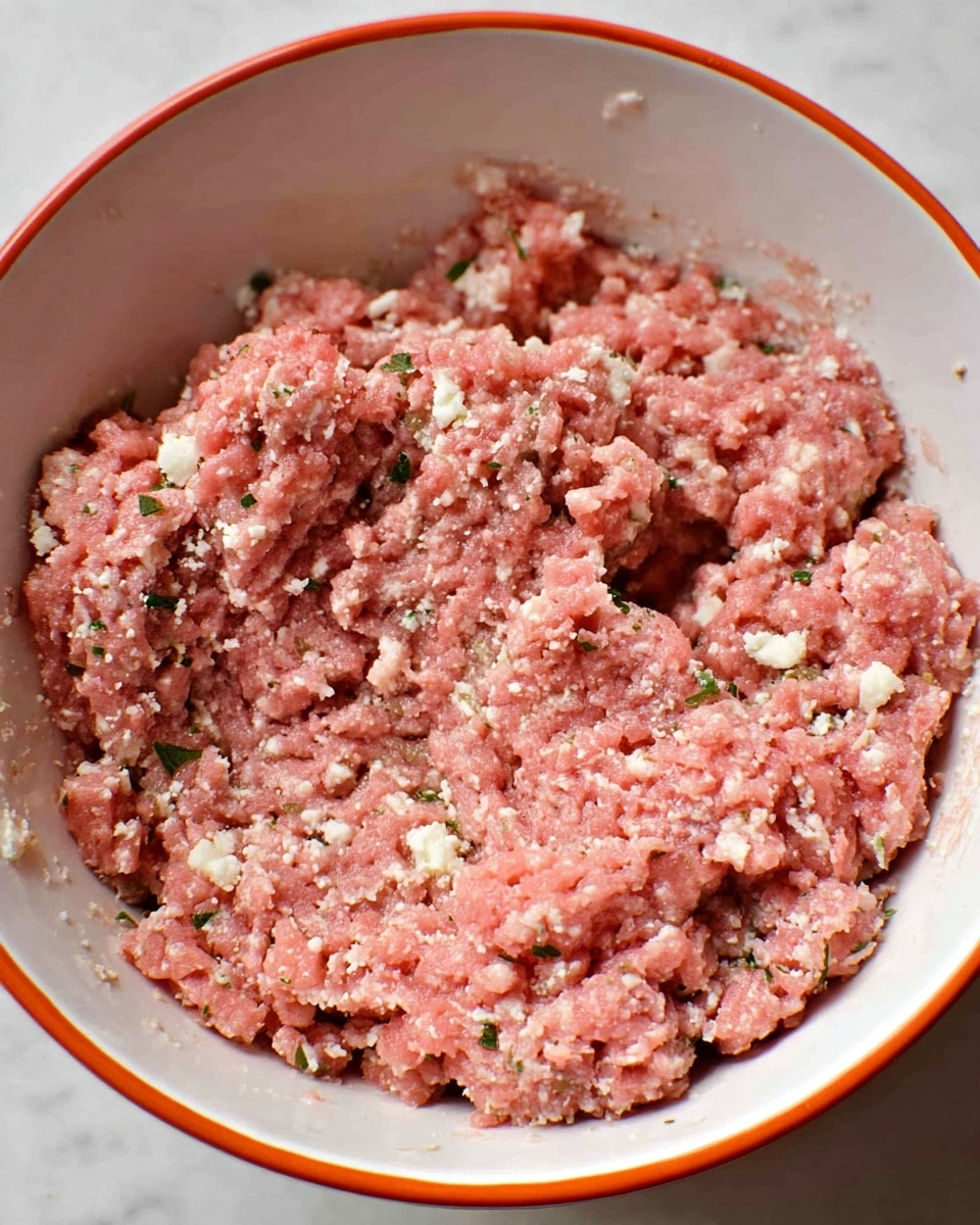 A close-up view of a bowl filled with a mixture of raw pink ground meat combined with small white bits of cheese and tiny pieces of green herbs scattered throughout. The bowl is white with an orange rim, standing on a white marbled surface. The texture of the meat mixture looks soft and slightly chunky, with visible flecks creating a speckled effect inside the curved bowl. photo taken with an iphone --ar 4:5 --v 7