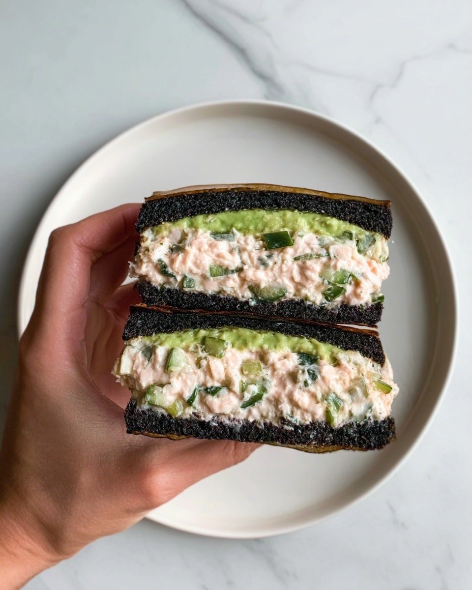 A large square sheet of dark green seaweed lies flat on a round white plate with a white marbled surface beneath, topped with a thick layer of creamy, light pink crab salad spread lengthwise in the center. On top of the crab salad are five evenly spaced, bright green avocado slices arranged in a neat row, slightly fanned out to show their smooth texture. photo taken with an iphone --ar 4:5 --v 7