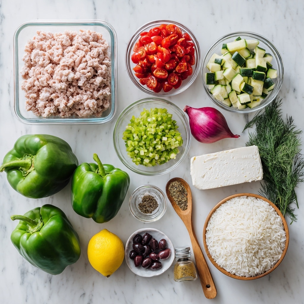 The image shows three pieces of green bell pepper halves filled with a mix of cooked rice, chopped red onions, small dark olives, and diced red tomatoes, all layered inside the peppers. On top of each stuffed pepper is a dollop of white creamy sauce with visible small green herbs. The peppers are placed on a clean, white plate with two silver forks resting nearby. In the background, there is a glimpse of a white bowl and a sliced lemon on a white marbled surface, with some fresh green dill scattered around. photo taken with an iphone --ar 4:5 --v 7