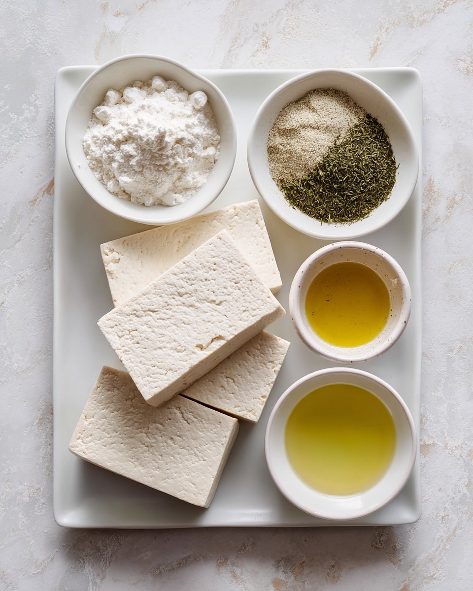 A white rectangular plate sits on a white marbled surface, holding two large blocks of extra firm tofu that are light beige with a slightly textured surface. Surrounding the plate are small white bowls containing different ingredients: a bowl with fine off-white garlic powder, a bowl with dried green dill, a bowl filled with white cornstarch powder, a small bowl with golden yellow avocado oil, and another small bowl filled with clear, light yellow pickle brine. Each item is neatly placed in a well-organized layout, showing clear separation and distinct colors and textures. Photo taken with an iphone --ar 4:5 --v 7