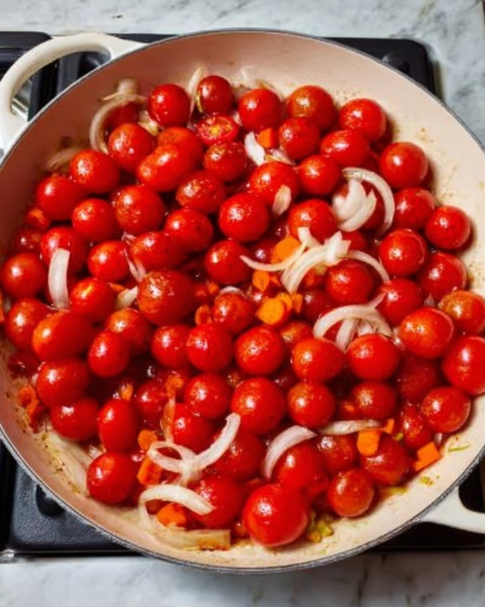 A large white pan filled with many small, round bright red cherry tomatoes covering almost the whole surface. Among the tomatoes, there are thin slices of white onion and small pieces of orange carrot scattered evenly. The pan is placed on a clean stove top, with a white marbled surface surrounding it. The scene looks fresh and colorful with the glossy texture of the tomatoes standing out photo taken with an iphone --ar 4:5 --v 7