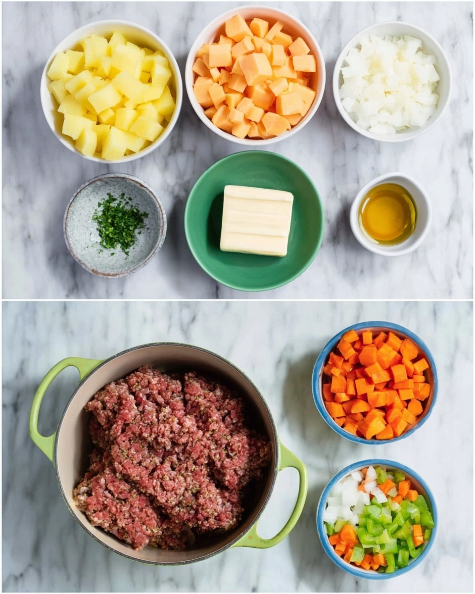The image shows two parts: the top part has small white bowls on a white marbled surface, each holding different ingredients arranged in a grid. From left to right, top row: pale yellow diced potatoes, light orange diced cheese, clear small bowl of oil; middle row: green white bowl filled with raw ground meat, small white bowl with a light yellow stick of butter, small white bowl with a creamy white substance; bottom row: small gray bowl with green herbs, white and blue bowl with chopped white onions, white and blue bowl with diced bright orange carrots and green bell peppers. The bottom part of the image displays a green pot on the same white marbled texture, with melted butter at the bottom and raw ground meat puffed up above it. Photo taken with an iphone --ar 4:5 --v 7