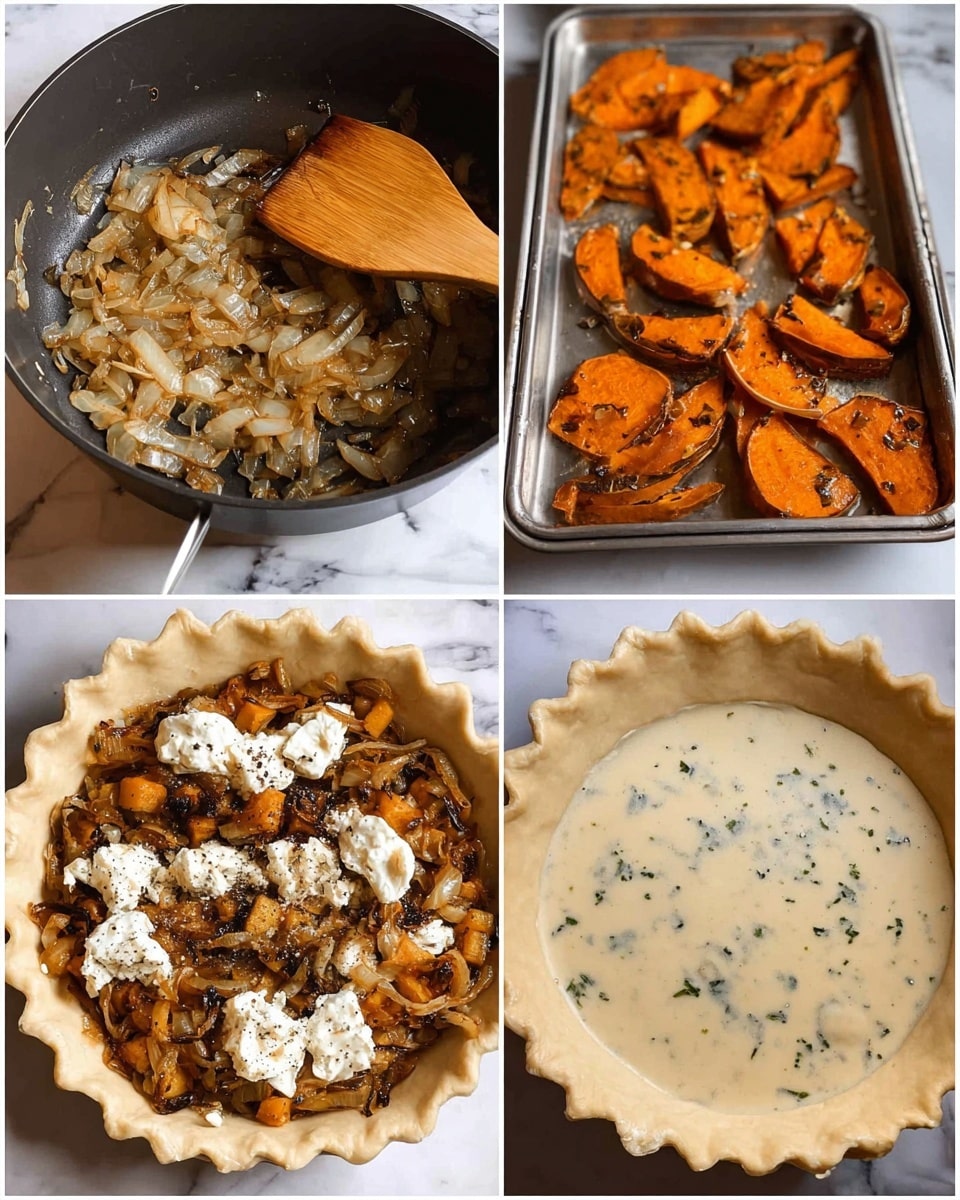The image shows four steps of making a savory pie. The first part is a pan with light brown caramelized onions with some black pepper and a wooden spatula. The second part has orange roasted pumpkin slices on a metal tray. The third part is a close-up of a white pie crust filled with caramelized onions, roasted pumpkin pieces, and dollops of white soft cheese on top, all evenly spread. The last part shows the same white pie crust now covered with a creamy, light beige sauce mixed with small green herbs evenly spread over the filling. The background surface is a white marbled texture. Photo taken with an iphone --ar 4:5 --v 7