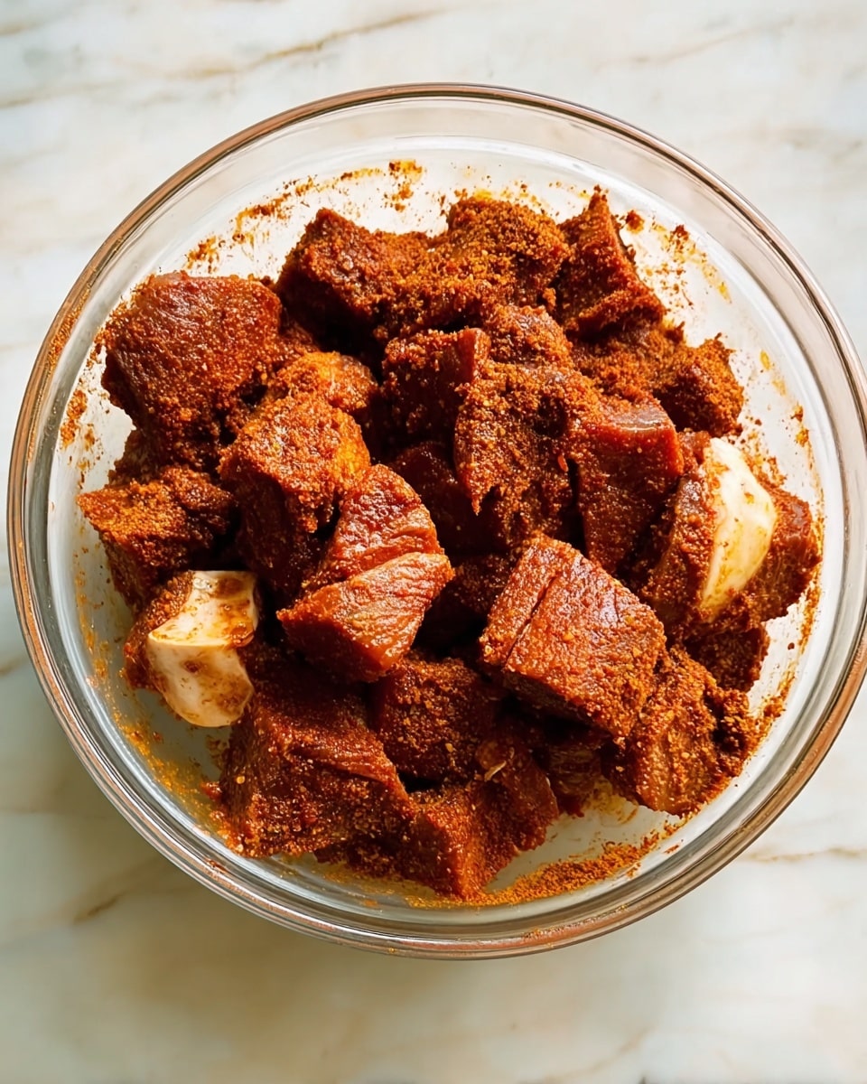 A clear glass bowl filled with many chunks of meat coated thickly with a reddish-brown spice mix. The meat pieces are irregular shapes with some light beige bone visible. The bowl sits on a white marbled surface, showing some spice powder scattered inside near the edges. photo taken with an iphone --ar 4:5 --v 7
