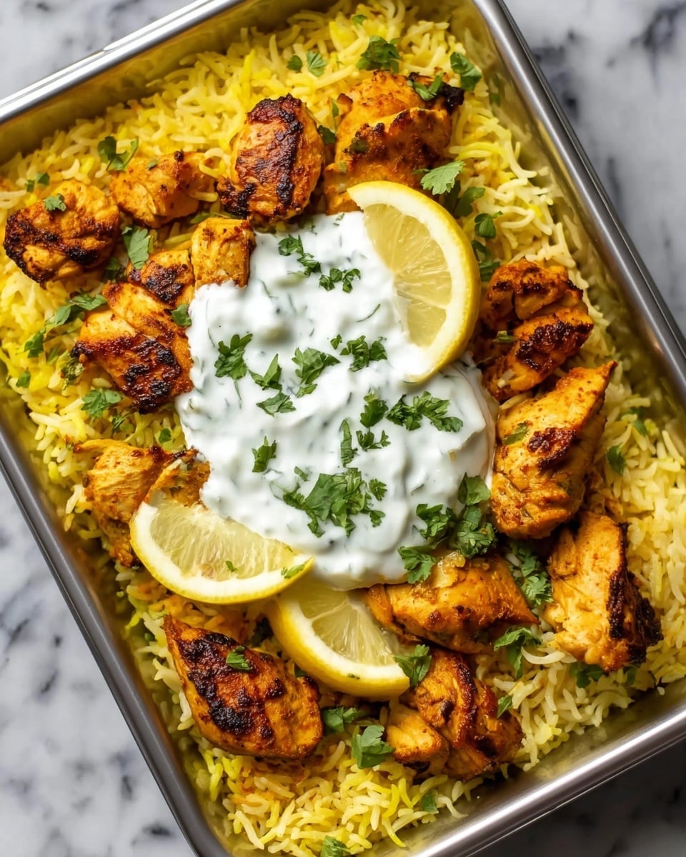 A bowl contains two types of yellow rice as the base layer, one lighter and one darker, filling most of the space. On top, there are golden brown grilled cubes of paneer scattered across the rice, with fresh green cilantro leaves adding color. Two triangular pieces of naan bread with browned spots rest on the rice near the top of the bowl. A dollop of white yogurt sauce with black seeds and more cilantro is placed towards the left side. A lemon wedge is on the front edge, and a black fork is inside the bowl on the right. In the background, a small white bowl of the same yogurt sauce with lemon wedges sits on a wooden table next to some fresh cilantro, all set on a white marbled surface. photo taken with an iphone --ar 4:5 --v 7
