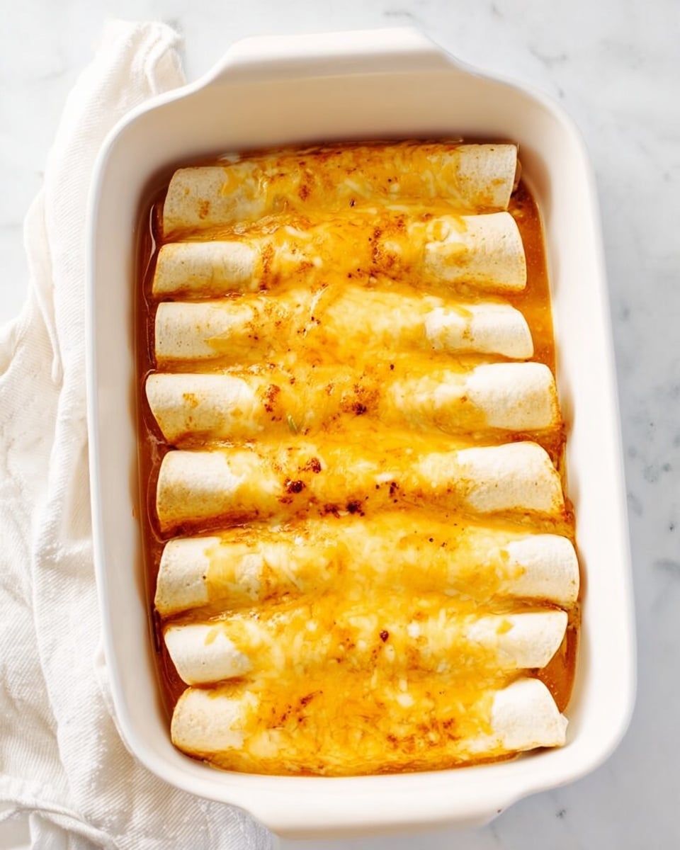 A white rectangular baking dish filled with six rolled tortillas tightly placed side by side, each covered with a layer of melted yellow and orange cheese that has dripped slightly onto the tortillas, with some visible sauce beneath the cheese giving an orange color to parts of the dish. The tortillas are smooth and light cream in color. The dish is resting on a white marbled surface with a folded white cloth nearby. Photo taken with an iphone --ar 4:5 --v 7