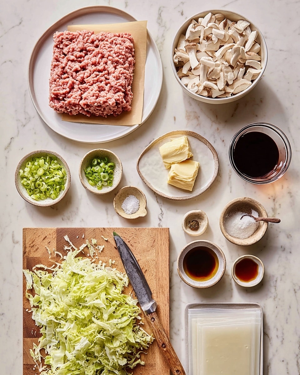 This image shows a collection of cooking ingredients on a light, white marbled surface. There is a white plate holding a layered stack of raw pink minced meat with a rectangular piece of paper underneath it. Above is a white bowl filled with chopped white vegetables or mushrooms. To the right, a glass bowl contains a dark brown liquid, and near the center, a small white plate holds two pale yellow and light beige pastes. Below, a wooden cutting board has a pile of shredded pale green leafy vegetables, with a knife with a light wooden handle resting on top. A small bowl with chopped green onions, a couple of tiny bowls with dark and light brown liquids, and a tiny bowl with white powder are scattered around. At the bottom right, a white plate holds square translucent sheets stacked flat. Photo taken with an iphone --ar 4:5 --v 7