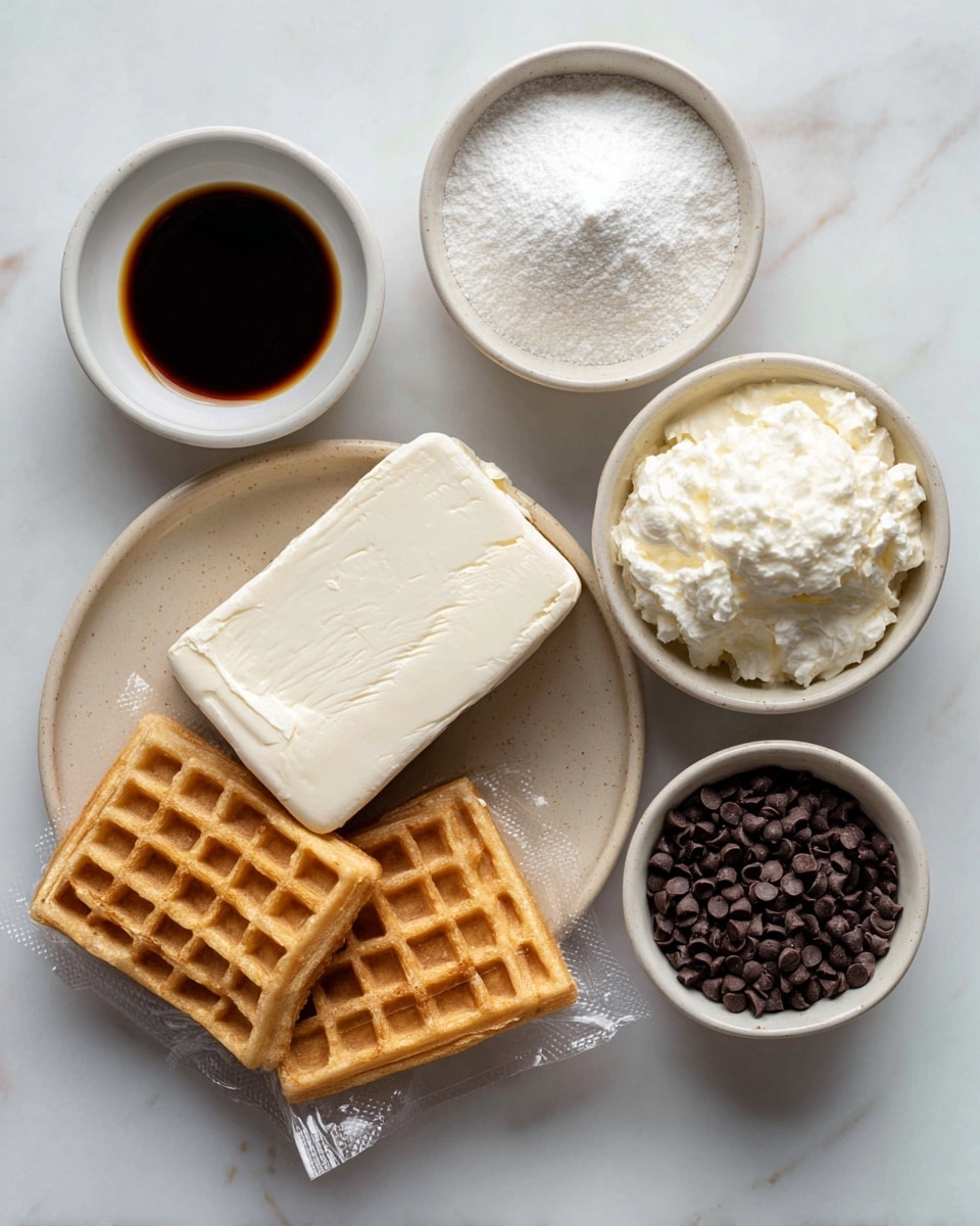 The image shows six ingredients placed on a white marbled surface. There is a small white bowl filled with dark brown vanilla extract, a larger white bowl with white powdered icing sugar, and a medium white bowl containing creamy white ricotta cheese. A beige plate holds a large block of cream cheese with a smooth texture. Another small white bowl is filled with tiny dark brown mini chocolate chips. Two golden-brown waffle cookies with a grid pattern lie on the surface in clear plastic packaging. All items are neatly arranged, with clear labels identifying each ingredient. Photo taken with an iphone --ar 4:5 --v 7