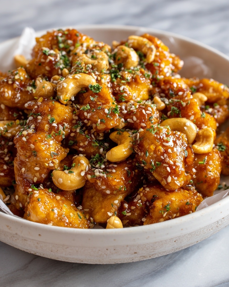 A close-up view of a dish in a round white bowl lined with parchment paper, filled with pieces of orange-brown cooked chicken coated in a shiny sauce. Mixed throughout are light golden cashew nuts, and the dish is sprinkled with white sesame seeds and small green herb flakes. The surface beneath the bowl shows a soft white marbled texture. Photo taken with an iphone --ar 4:5 --v 7