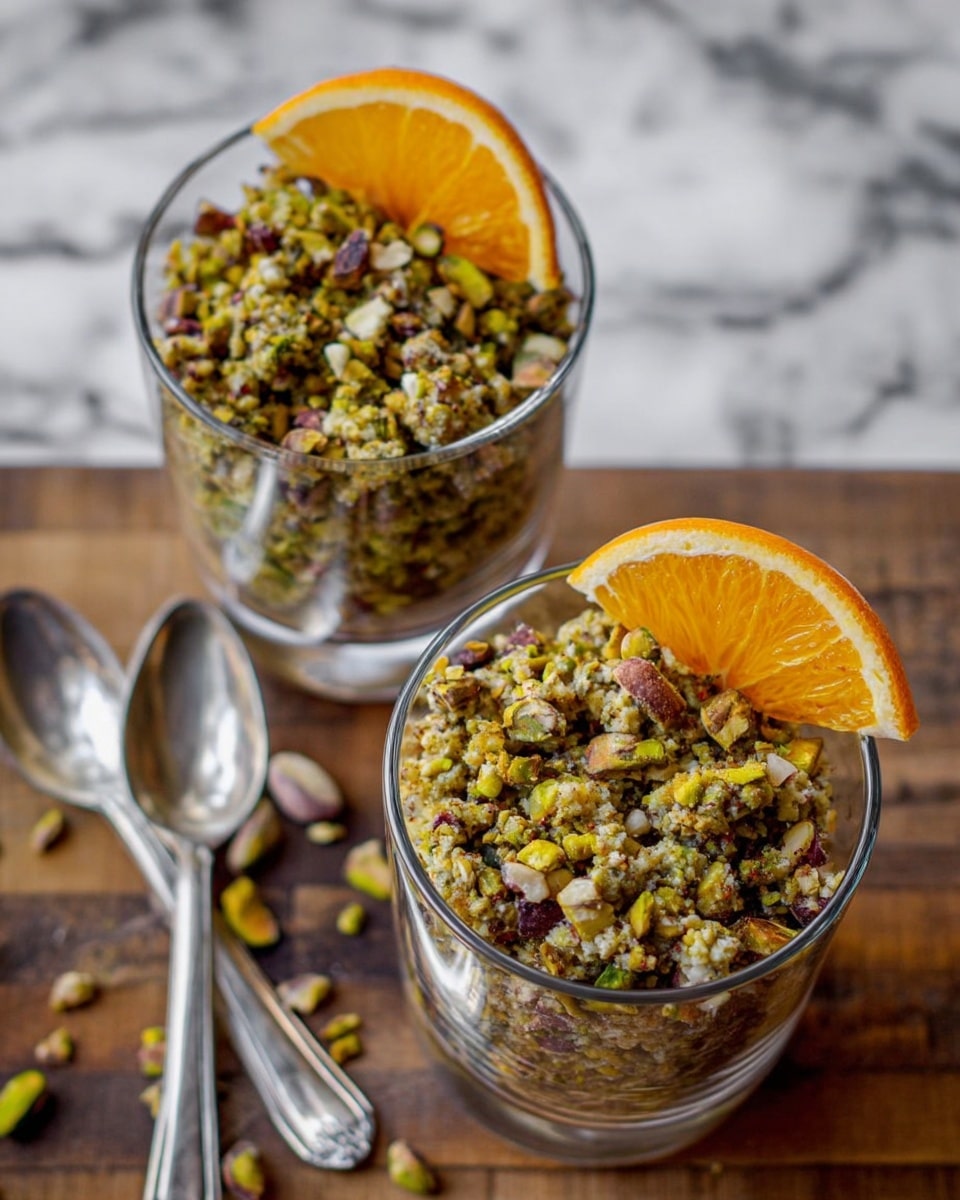 A clear glass cup filled with two distinct layers: the bottom layer is a creamy off-white mixture embedded with small black seeds and slivers of light yellow nuts, creating a speckled, soft texture; the top layer consists of roughly crushed green pistachios that add a coarse, chunky texture, crowned by a small bright orange garnish resting on the edge of the glass. The cup sits on a wooden surface with a deep purple cloth in the blurry background. photo taken with an iphone --ar 4:5 --v 7