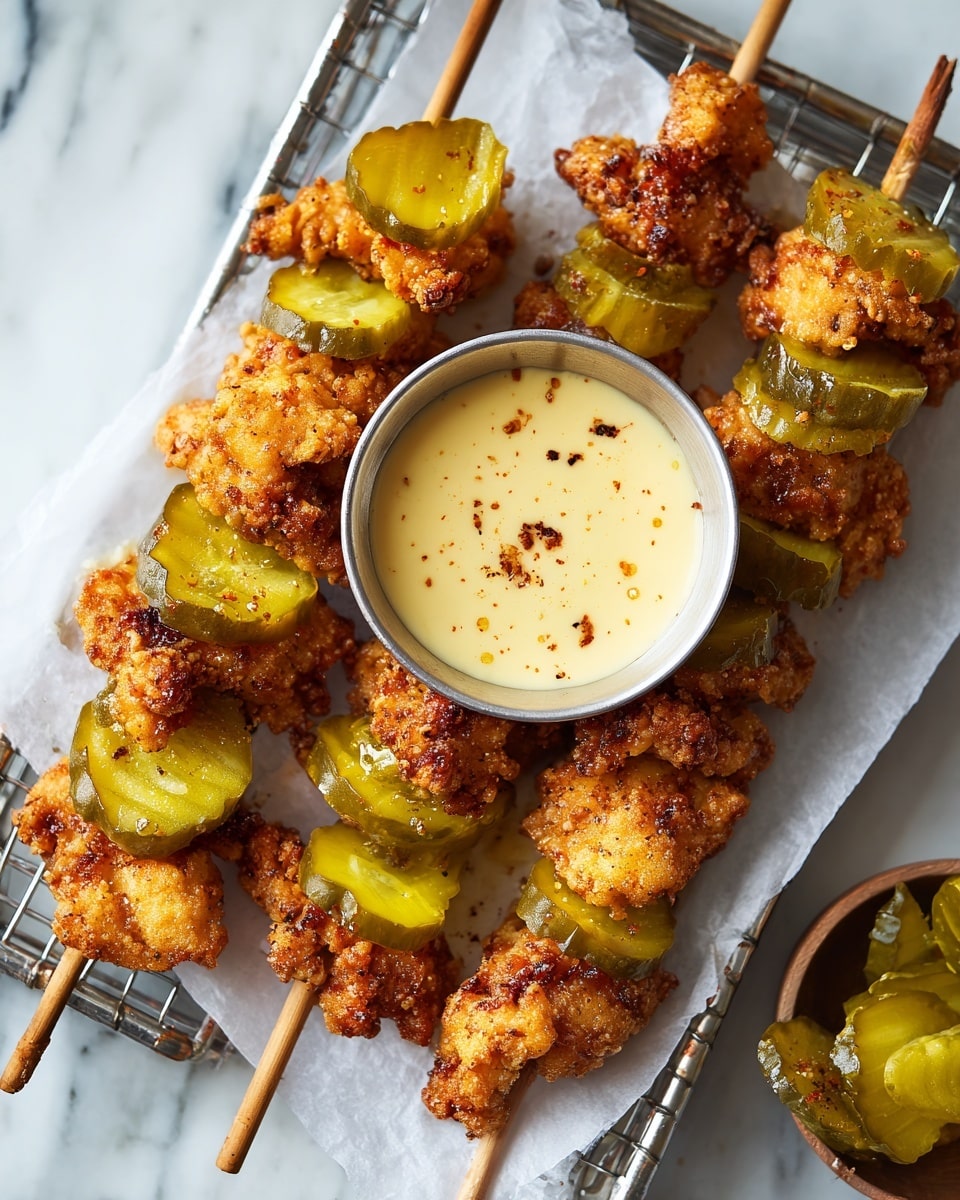 The image shows a white plate with fried chicken pieces layered with green pickle slices, arranged closely together around a small round bowl of creamy light orange sauce with small red specks, positioned in the center. The fried chicken pieces have a golden-brown crunchy texture with some white meat inside, and the green pickles are thick, round, and fresh-looking, pierced by toothpicks holding the layers together. The plate sits on a white marbled surface with a wire rack partially visible beneath it. photo taken with an iphone --ar 4:5 --v 7