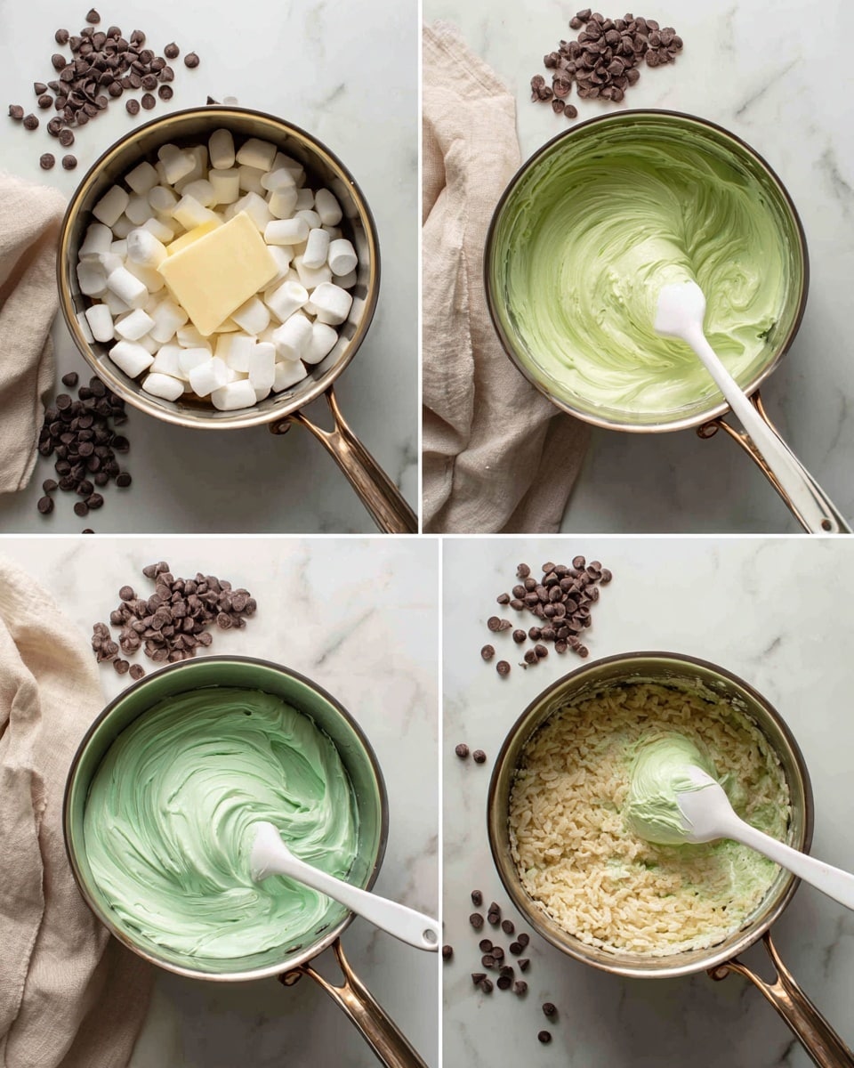 The image shows a close-up of two stacked light green crispy rice treats with white marshmallows mixed inside. The treats have a soft, puffy texture with some puffed rice grains visible. Dark chocolate is drizzled over the top of both treats in thin, wavy lines. Around the treats, several small white marshmallows and some puffed rice pieces are scattered on a white marbled surface. In the background, more treats are slightly blurred, emphasizing the focus on the stacked pieces. photo taken with an iphone --ar 4:5 --v 7