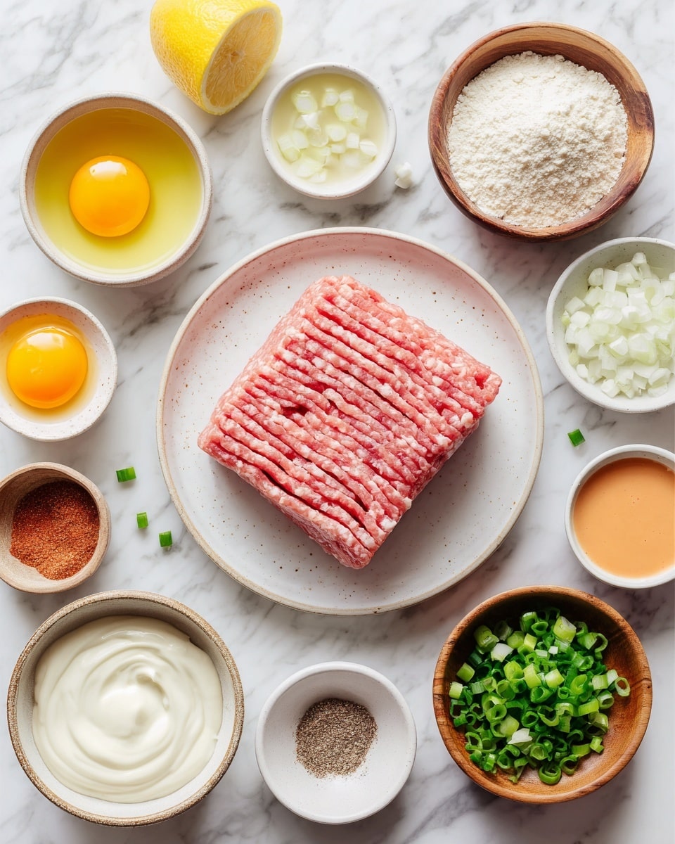 A white speckled plate at the center holds a pink block of ground chicken with visible ridges. Surrounding the plate are small white bowls and wooden small bowls, each filled with different ingredients: a bright yellow whole raw egg yolk in a white bowl at the bottom left, creamy white mayo with smooth texture in a white bowl at the center bottom, white almond flour in a wooden bowl at the top right, finely chopped bright green onions in a wooden bowl at the middle right, and finely chopped white onion in a wooden bowl at the bottom left. There are also small white bowls with beige ranch seasoning, golden yellow melted butter, pale yellow lemon juice in half a lemon, orange buffalo sauce in a small white bowl with ruffled edges, white plant-based milk, light brown vinegar, a small bowl of brown garlic and onion powder, and a small white bowl with white salt and black pepper mixed. The background is a white marbled surface with a woman’s hand holding the lemon half at the left edge of the image. photo taken with an iphone --ar 4:5 --v 7