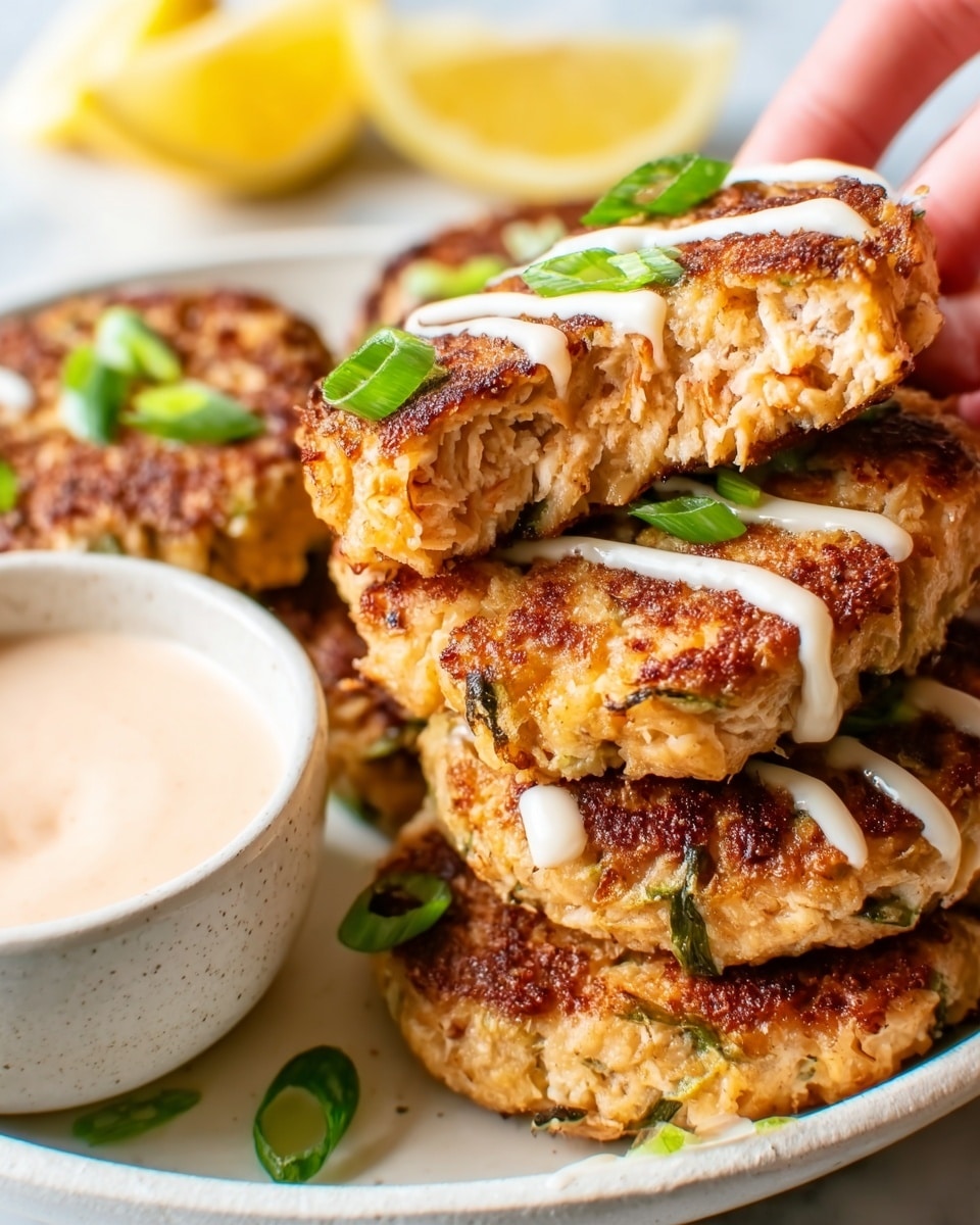 A close-up image of six golden-brown patties with a slightly crispy texture, stacked on a white plate. One patty is split in half, showing a soft, flaky inside with a light orange color, held by a woman's hand at the top center. Thin white sauce lines are drizzled over the patties, and fresh green sliced scallions are scattered on top for color contrast. In the background, a white bowl filled with light pink dipping sauce is visible on the right edge, and two lemon wedges rest at the top-left corner on a white marbled surface. photo taken with an iphone --ar 4:5 --v 7