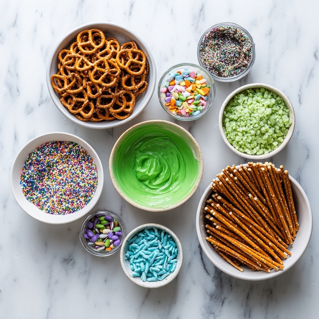 A close-up of a woman’s hand holding a clover-shaped treat made from three small white-coated pretzels covered with bright green and light green sprinkles. Each small pretzel is dipped partly in dark chocolate, with the chocolate also connecting all three pretzels at the base, forming the stem. The background shows plain pretzels and similar treats on a white marbled surface with a green base under the treats. The colors are rich with dark brown chocolate, bright white coating, and vivid green sprinkles. photo taken with an iphone --ar 4:5 --v 7