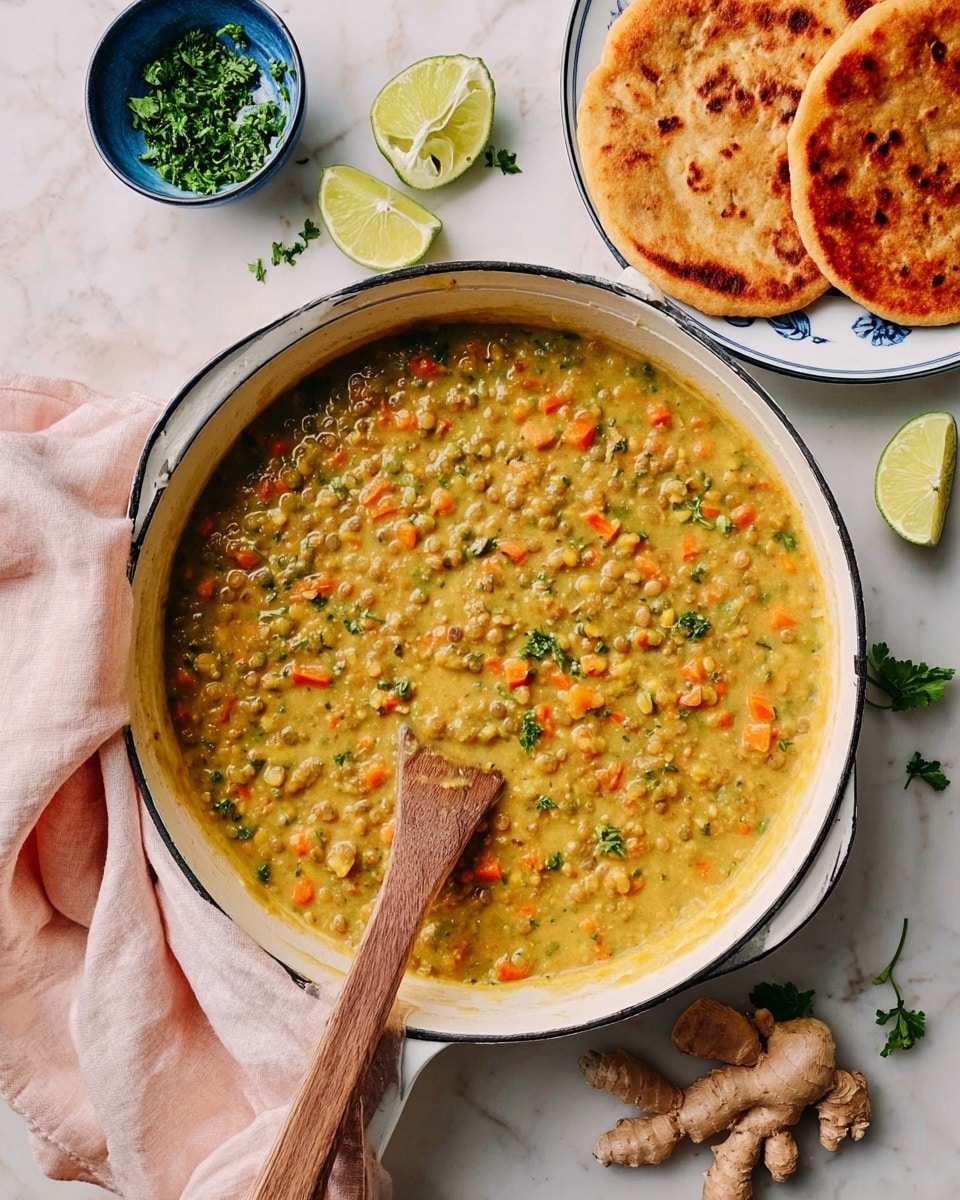 The image shows a white pan filled with a thick lentil stew that has a creamy yellow base with scattered small green lentils and soft orange carrot pieces mixed throughout. A wooden spoon is resting inside the pan, partially submerged in the stew. On the top right, there are two round golden-brown flatbreads on a white plate with a blue rim. Around the pan, there are a few lime wedges, some fresh green herbs in a small blue bowl, and pieces of fresh ginger. The whole scene is set on a white marbled surface with a pale pink cloth draped on the left side. photo taken with an iphone --ar 4:5 --v 7