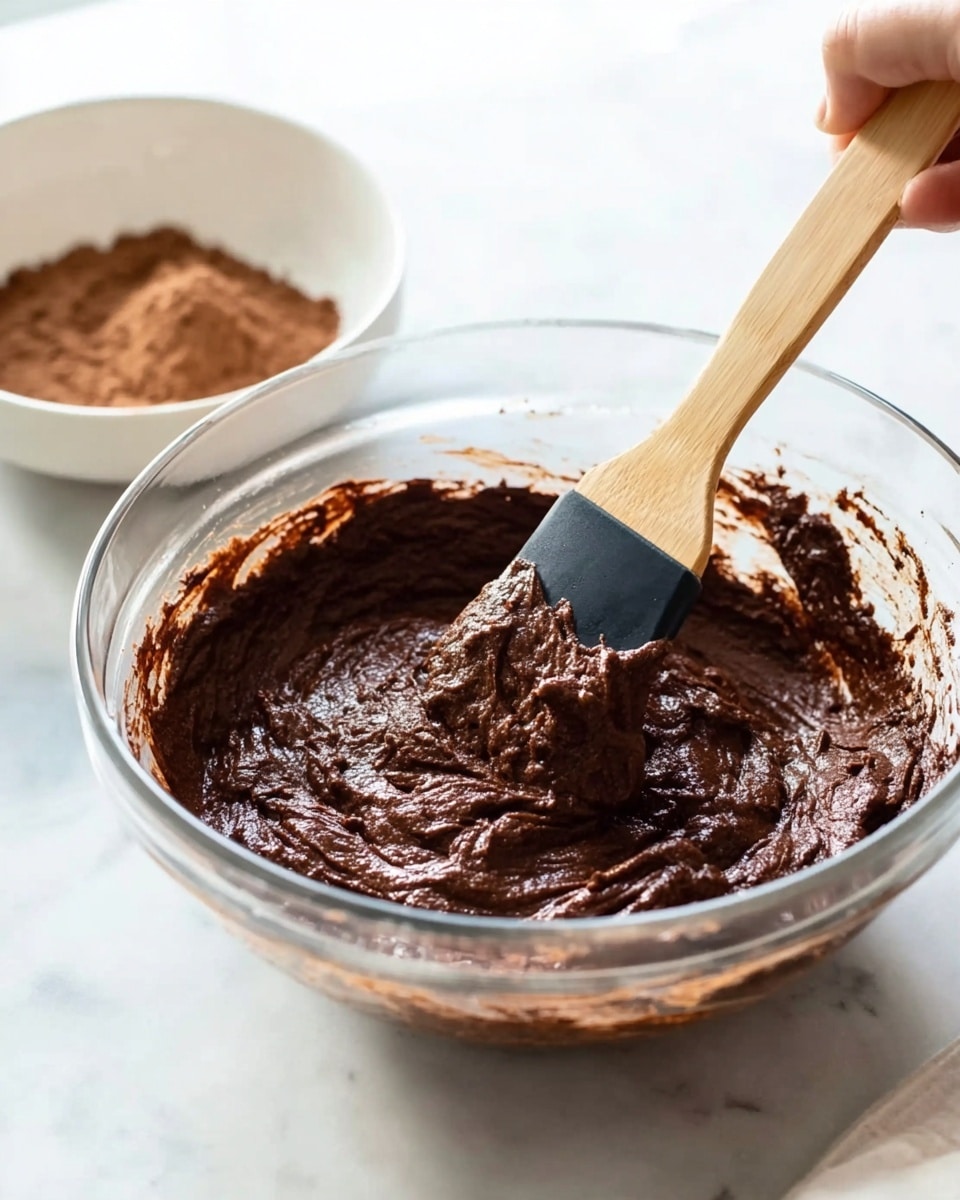 A clear glass bowl is filled with thick, dark brown chocolate batter with a rich, smooth texture and some small lumps. Inside the bowl, a wooden spatula with a black silicone tip is being used to stir the batter, lifting a portion of it. In the background, a white round bowl holds a small amount of cocoa powder. The scene is set on a white marbled surface with soft, natural lighting. The woman's hand holding the spatula is coming from the right side of the image. photo taken with an iphone --ar 4:5 --v 7