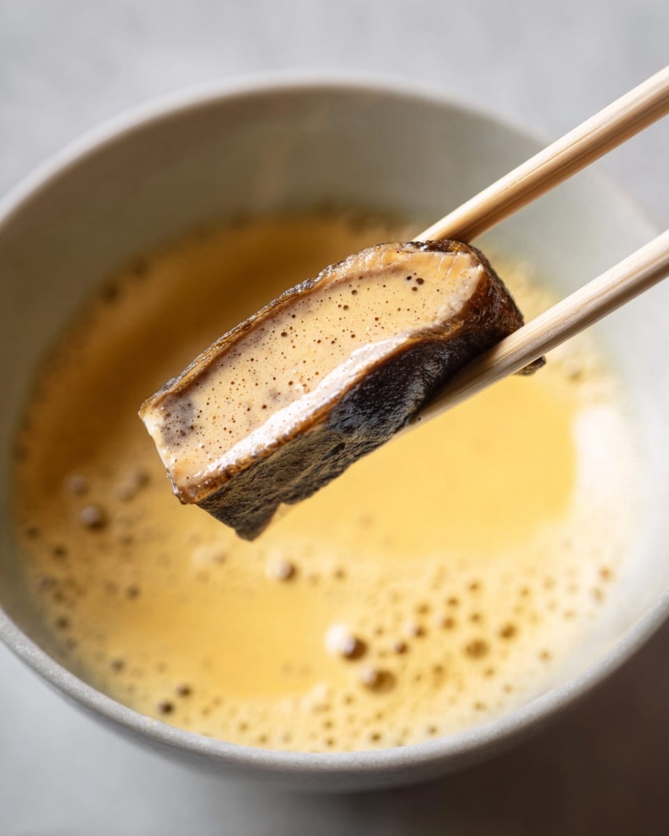 A close-up image shows a single piece of food held by a pair of light-colored chopsticks. The food is coated in a creamy, light brown sauce with small dark specks, giving it a glossy and textured look. The piece itself has a dark outer edge and a lighter center. Below it, there is a frothy yellow liquid inside a white bowl with a smooth white marbled background visible. photo taken with an iphone --ar 4:5 --v 7