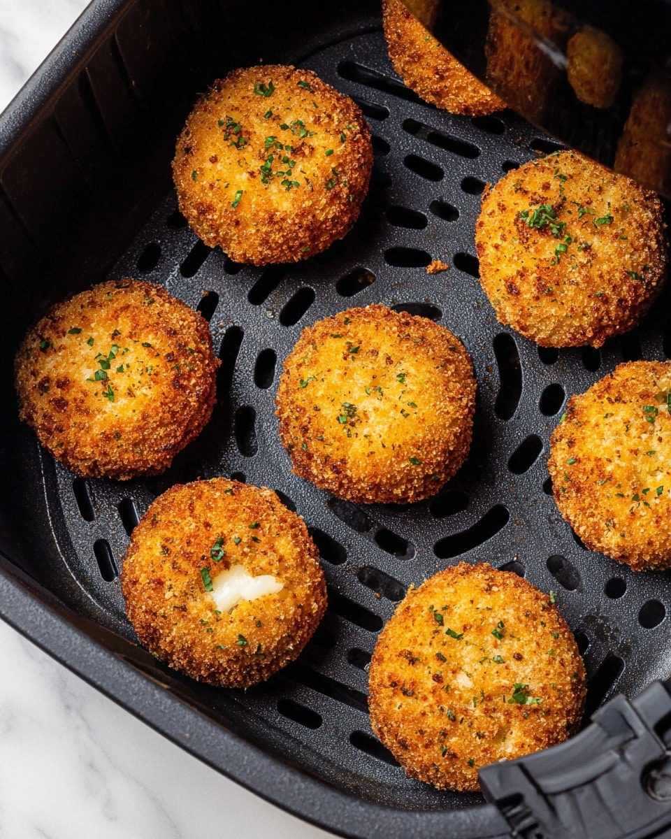 The image shows seven round, crispy, golden-brown breaded balls with a rough, crunchy texture on the outside. They are placed inside a black air fryer basket with slots in the bottom for air circulation. Some of the balls are sprinkled with small green herb bits, adding a fresh touch of color. One ball has a small crack showing a little melted white filling inside. The scene is on a white marbled surface. Photo taken with an iphone --ar 4:5 --v 7