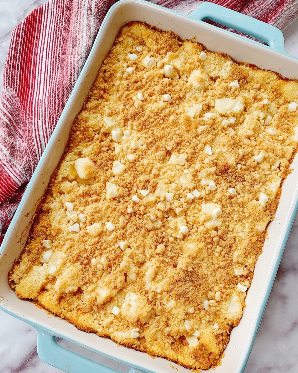The image shows a rectangular white ceramic baking dish with light blue edges, filled with a baked dessert that has a crumbly golden-brown topping sprinkled evenly across the surface. The top layer is textured with small clusters of crumbs and bits of white chunks scattered throughout, giving it a slightly rough appearance. The dish sits on a white marbled surface, with a red and white striped cloth partially visible in the background. photo taken with an iphone --ar 4:5 --v 7