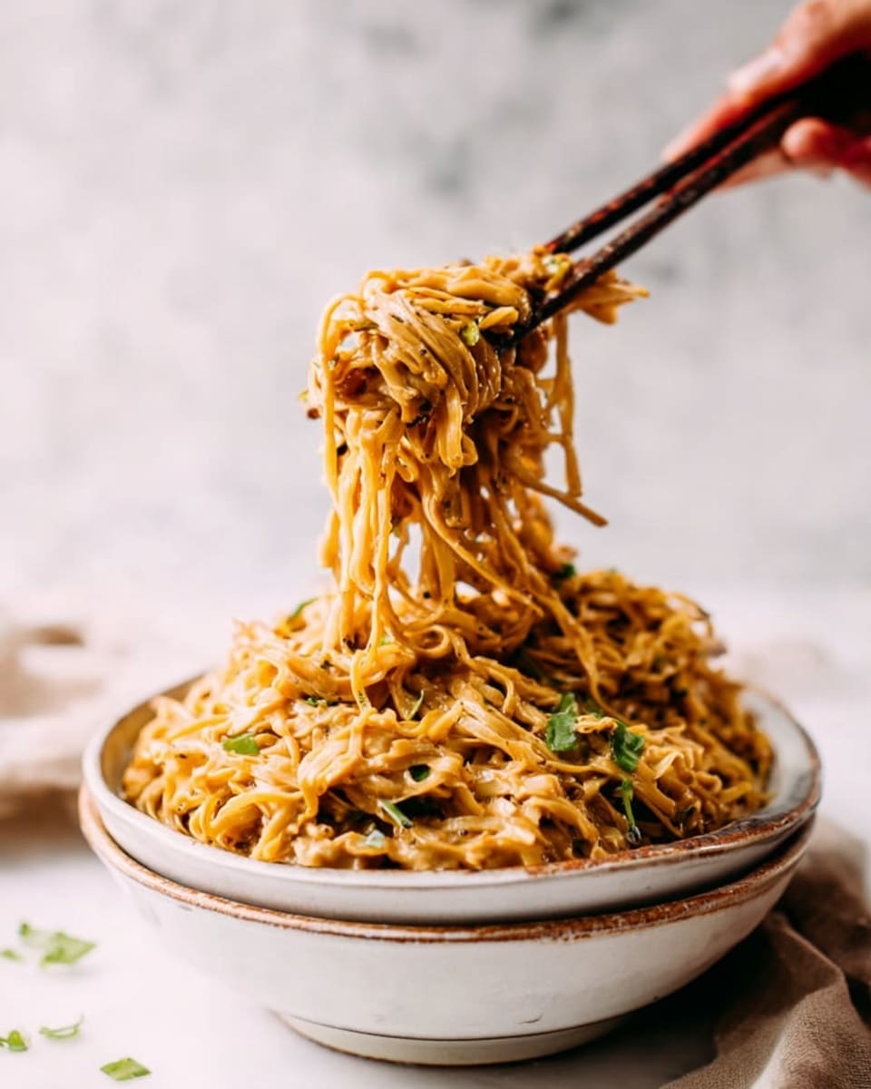 A white bowl filled with a tangled heap of light brown noodles with a slightly glossy texture, topped in the center with a halved soft-boiled egg showing a bright, runny yolk surrounded by firm white. Around the egg, there are small green herb leaves and a sprinkle of red chili flakes that add a touch of color contrast. Two dark brown wooden chopsticks are resting on the edge of the bowl, pointed towards the noodles. The bowl is placed on a white marbled surface, with a light gray cloth partially visible next to it. A second similar bowl is slightly blurred in the background. Photo taken with an iphone --ar 4:5 --v 7