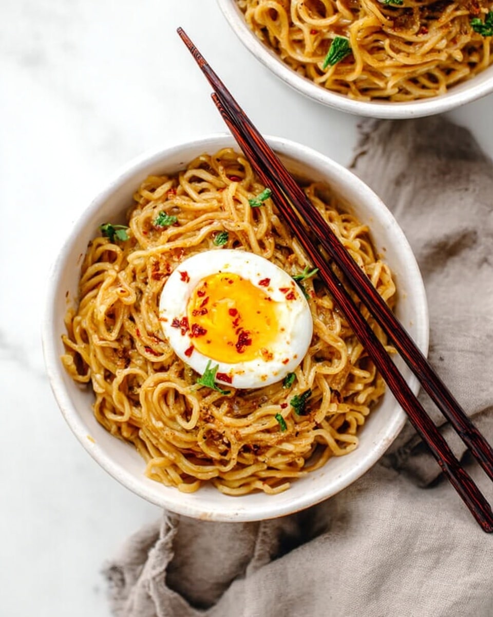 A large mound of saucy noodles sits in a white bowl stacked on another white bowl, with a woman's hand using dark wooden chopsticks to lift a tangled clump of noodles above the bowl. The noodles are light brown from the sauce, creamy in texture with small bits of green herbs mixed in. The background is soft and out of focus with a white marbled surface under the bowls. The noodles look soft and coated evenly with sauce, showing strands hanging and twisting around the chopsticks photo taken with an iphone --ar 4:5 --v 7