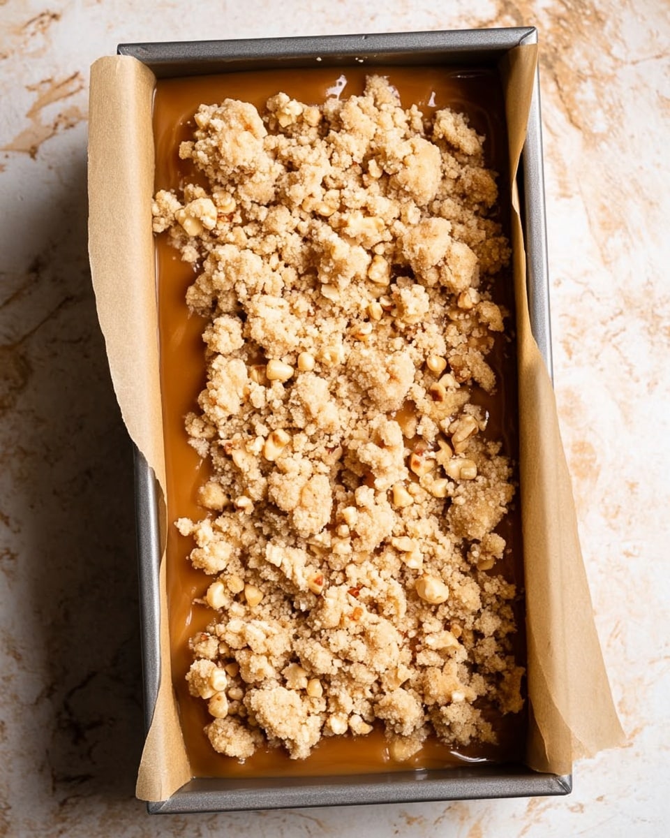 A metal loaf pan lined with off-white parchment paper holds a dessert with two distinct layers. The bottom layer is smooth, caramel-colored and shiny, filling the pan evenly. The top layer is made of crumbly streusel with light golden brown and beige chunks, scattered unevenly but covering the caramel layer completely. The texture of the streusel looks coarse and crunchy with some small nut pieces mixed in. The background is a white marbled surface, and the image is taken from above. photo taken with an iphone --ar 4:5 --v 7