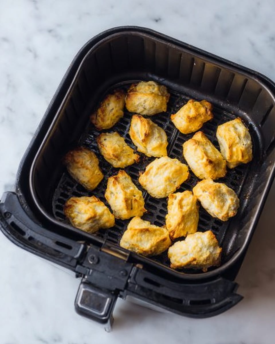 Inside a black square air fryer basket, there are small golden-brown rolls that look crispy and arranged in a single layer with space between them. The rolls have a flaky texture and are uneven in shape, showing some light browning on the top and edges. The basket is placed on a white marbled surface. photo taken with an iphone --ar 4:5 --v 7