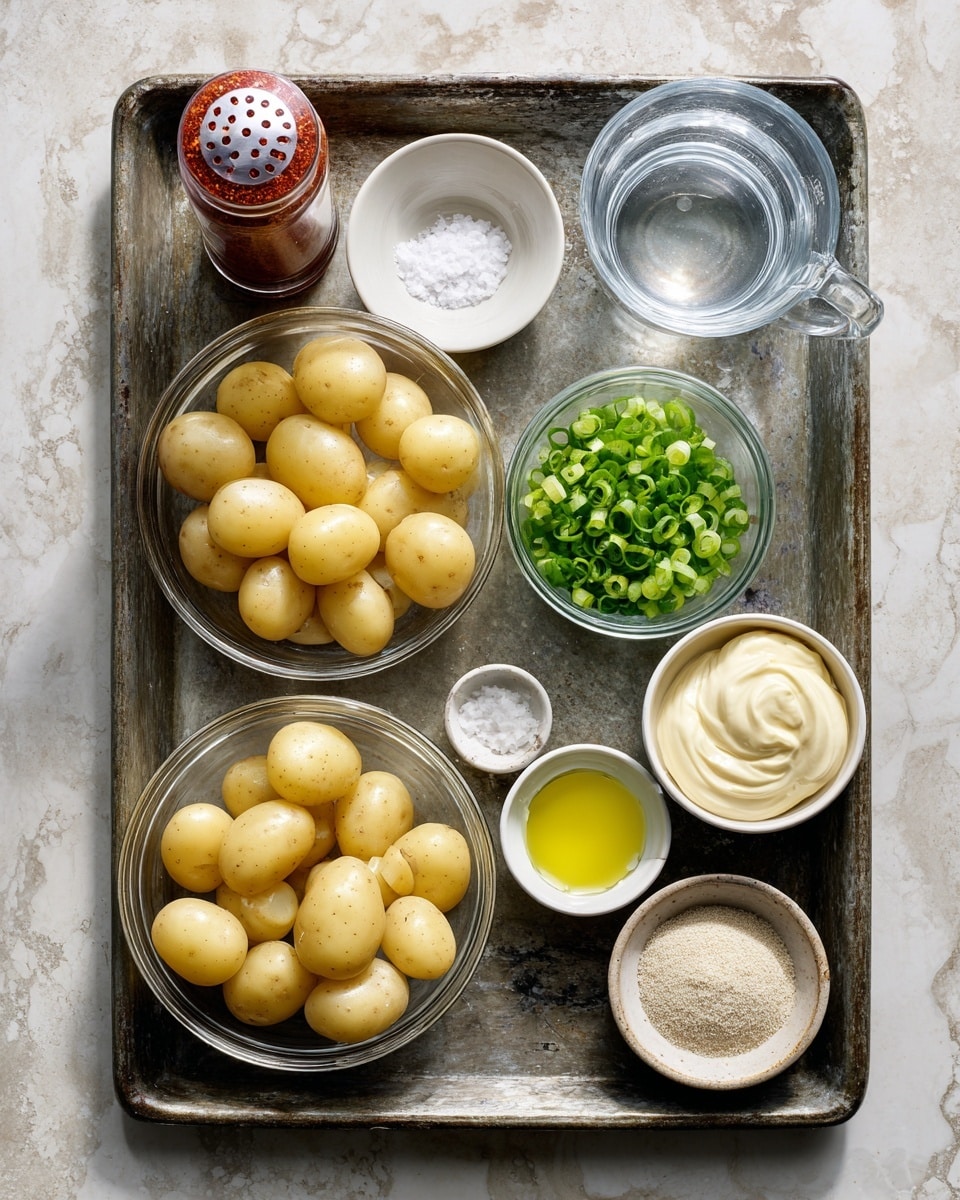 A worn, dark metal tray set on a white marbled surface holds several clear glass and white bowls arranged neatly. In the bottom left, a clear glass bowl is full of smooth, yellow baby potatoes. Next to it on the right, a clear glass measuring cup contains clear water. Above the potatoes, a small white bowl is filled with chopped bright green onions. To the right, small glass bowls hold a tangled dollop of yellow mustard, light green pickle juice, and a heap of creamy white mayonnaise. Near the top right corner, small white and brown bowls are filled with fine white salt, finely ground garlic and onion powder, and speckled black pepper, respectively. A tall plastic paprika container stands upright to the left of the bowls, labeled and showing the rusty red spice inside. The textures range from smooth potatoes to milky liquids and fine powders, all presented on the textured metal tray with some worn spots photo taken with an iphone --ar 4:5 --v 7