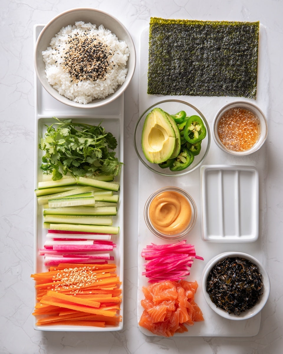 The image shows an overhead view of sushi ingredients neatly arranged on a white marbled surface. At the center right, there is a single large dark green square sheet of seaweed. To the top left, a white bowl filled with white short-grain sushi rice sprinkled with black furikake seasoning sits. Below the rice bowl, there is a long white tray holding layers of fresh vegetables: thin pale green cucumber sticks at the bottom, followed by bright pink and white radish sticks, then orange carrot sticks with sesame seeds, slices of green jalapeño peppers, a bunch of green cilantro leaves, and sliced light green avocado on top. At the top middle right, a small clear bowl contains light orange sriracha mayo sauce, and a white square dish with a lid is placed beside it. Below the seaweed sheet, two small white bowls are filled with dark smoked applewood dulse seaweed flakes on the left, and a mix of spicy smoked salmon on the right. photo taken with an iphone --ar 4:5 --v 7