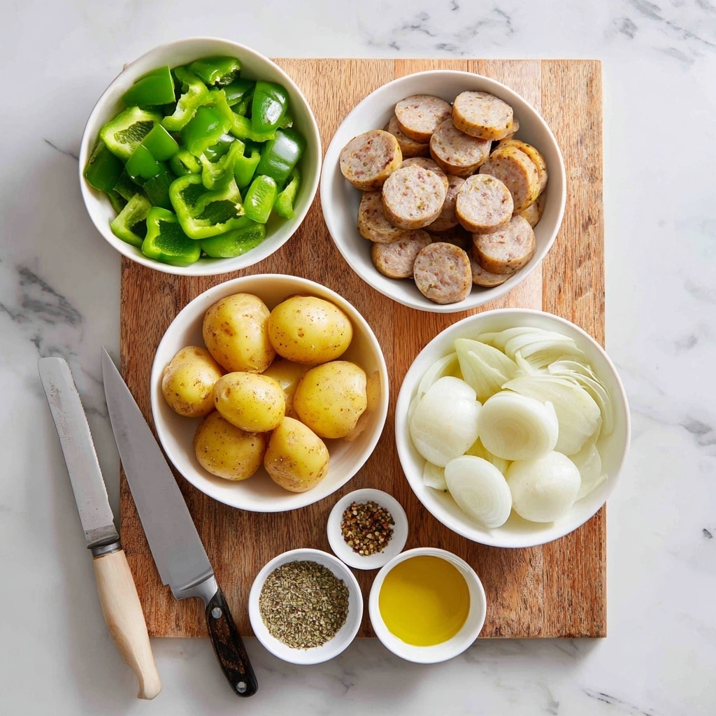 The image shows four white bowls on a white marbled surface, each filled with different ingredients: one bowl has bright green bell pepper pieces, another holds round slices of chicken sausage in a light brown color, the third contains halved baby potatoes with a soft yellow skin, and the fourth is filled with white onion slices. Below the bowls, on a wooden cutting board, there is a large knife and three small white dishes with seasonings: golden olive oil, mixed Italian seasoning with green and brown herbs, salt, pepper, and garlic powder. The setup is neat and well-lit, showing fresh ingredients ready for cooking. photo taken with an iphone --ar 4:5 --v 7