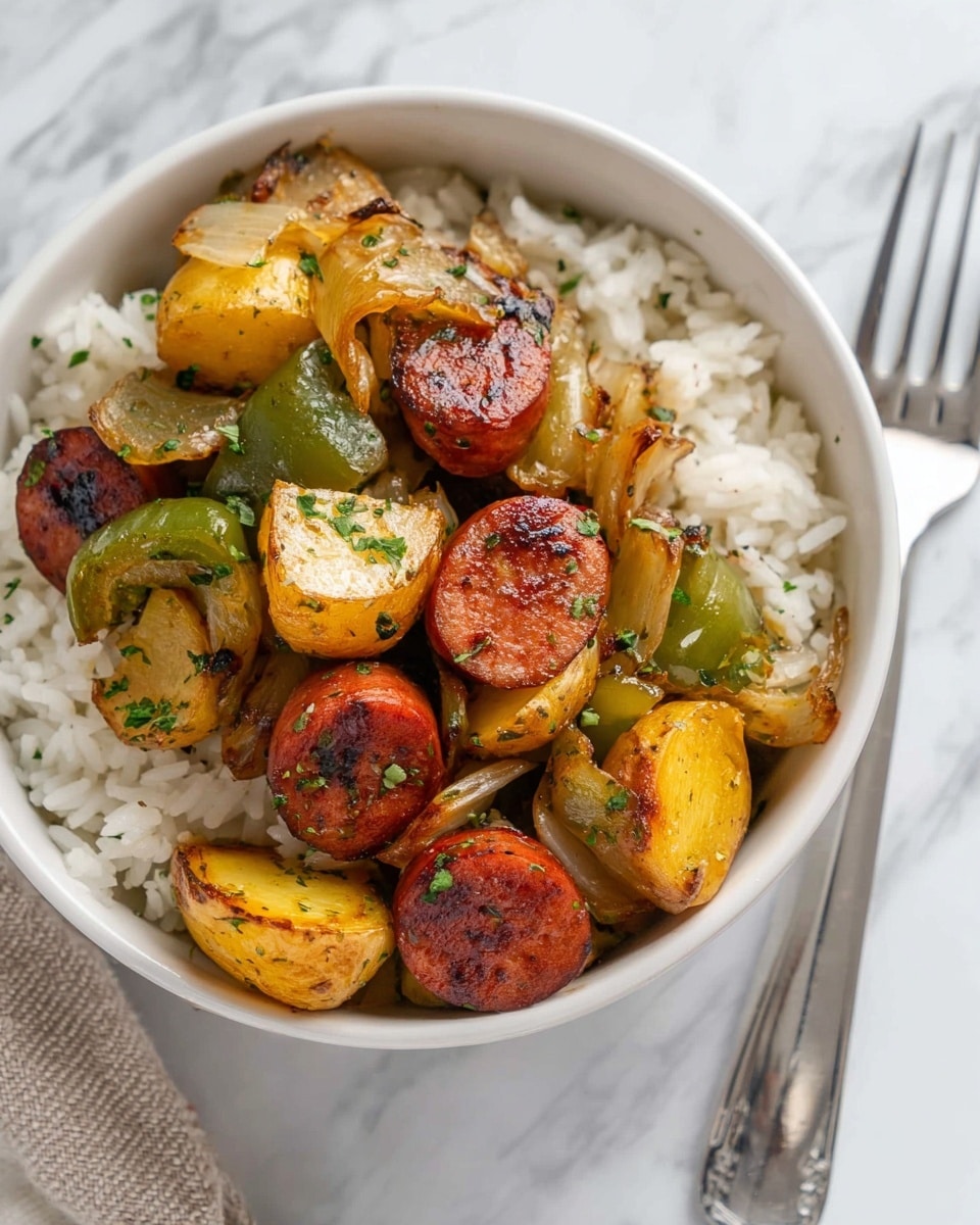 Inside a white bowl with a light beige base, there is a dish with three main layers. The bottom layer is soft, white rice that fills the bowl. On top of the rice is a mix of cooked round yellow potatoes with a slightly browned, rough texture and slices of reddish-orange sausage that look juicy and well cooked. Interspersed between the potatoes and sausage are pieces of green bell pepper with a slightly shiny, cooked surface. The colors show well, with the yellow potatoes and red sausage contrasting against the green peppers, all sitting in the bowl on a white marbled surface. The photo is clear, close-up, and focused on the food, showing some light shine and texture on the ingredients. photo taken with an iphone --ar 4:5 --v 7