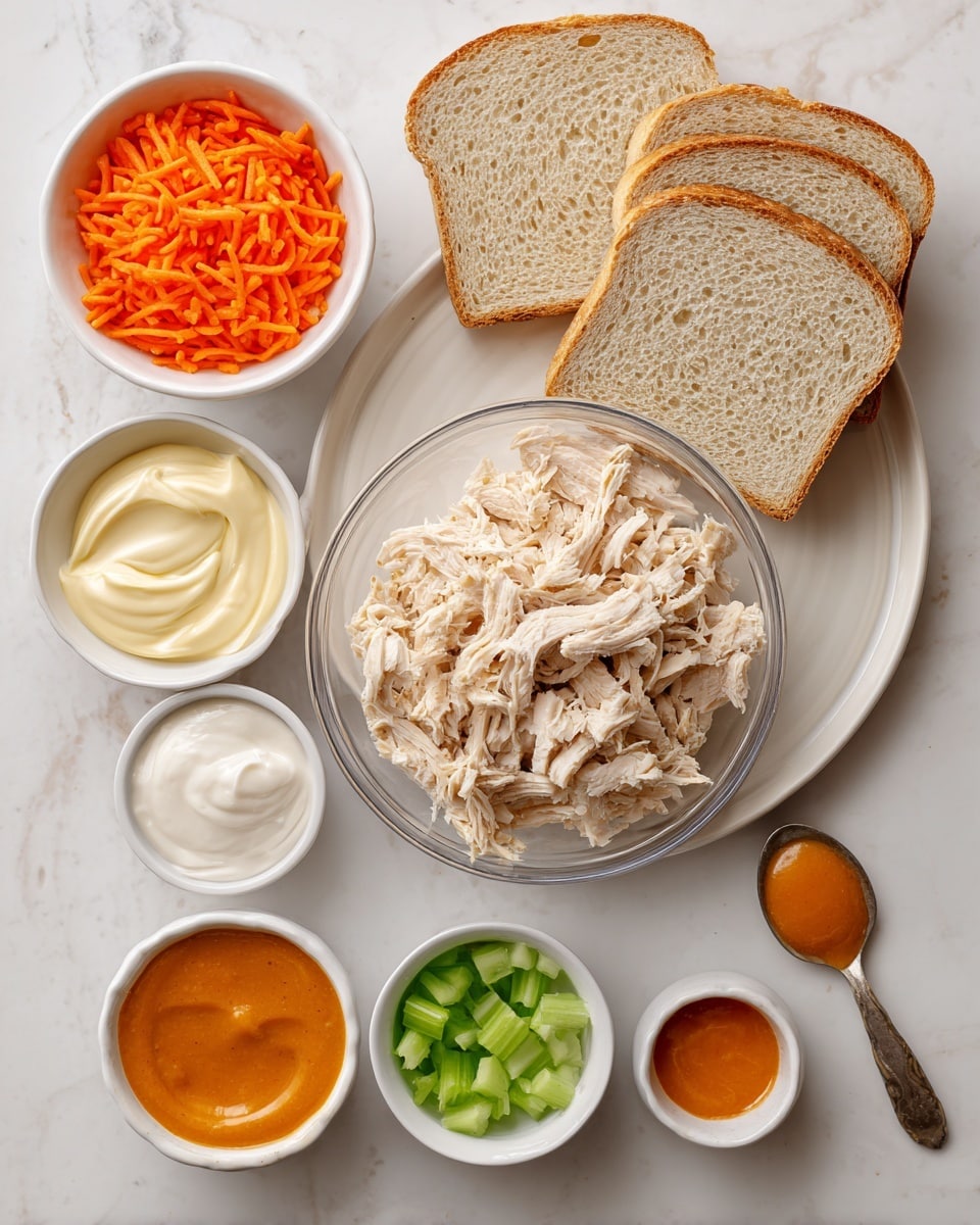 The image shows a top view of six slices of light brown bread arranged in a white plate on a white marbled surface. Below the plate, there is a clear glass bowl in the center filled with shredded cooked chicken, which is light beige in color and fluffy in texture. Around the bowl are small white bowls and a teaspoon: one bowl contains creamy white ranch dressing, another has a light yellow mayonnaise, and a third holds crunchy orange shredded carrots. A small spoon with chopped green celery is also visible, along with a small white bowl holding bright orange buffalo sauce. The arrangement is neat and orderly. Photo taken with an iphone --ar 4:5 --v 7
