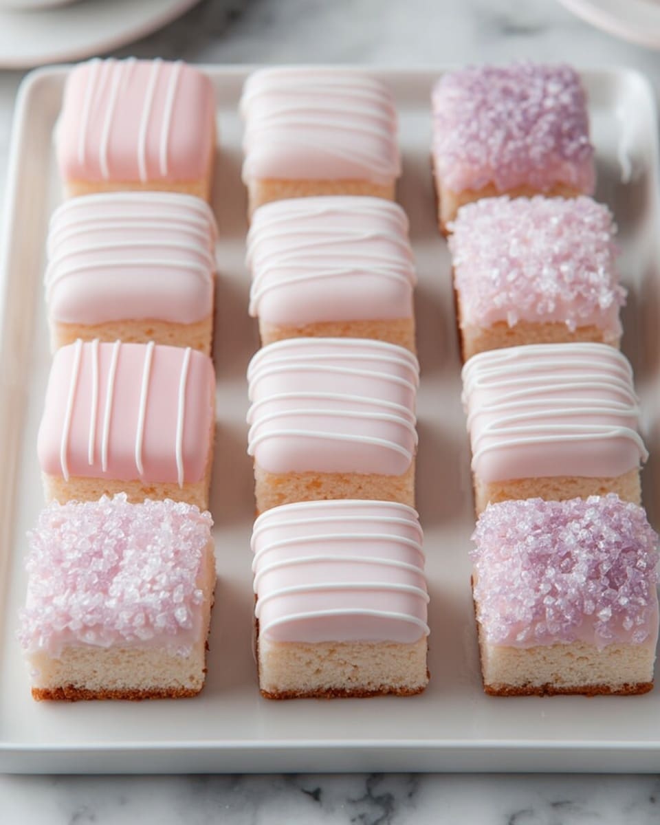 Twelve small square treats are arranged in a 4 by 3 grid on a white rectangular tray, placed on a white marbled surface. Each piece has a base layer of light beige cake topped with a smooth layer of pastel pink or white icing. The icing varies in decoration: some pieces have thin white or pink stripes drizzled on top, while others are covered with coarse light purple sugar crystals. The texture of the icing looks soft and slightly shiny, creating a delicate and neat appearance. The overall look is clean, sweet, and inviting, with soft pastel tones evenly spread across the tray. photo taken with an iphone --ar 4:5 --v 7