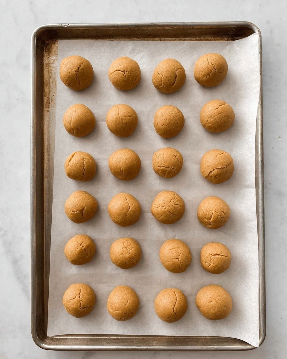 The image shows 24 small round balls of light brown dough evenly spaced on a rectangular baking tray lined with white parchment paper, placed on a white marbled surface. The dough balls have a smooth texture with slight cracks and are arranged in a 4 by 6 grid pattern. The metallic tray has a dull silver color and worn edges, contrasting with the soft, matte look of the dough. photo taken with an iphone --ar 4:5 --v 7