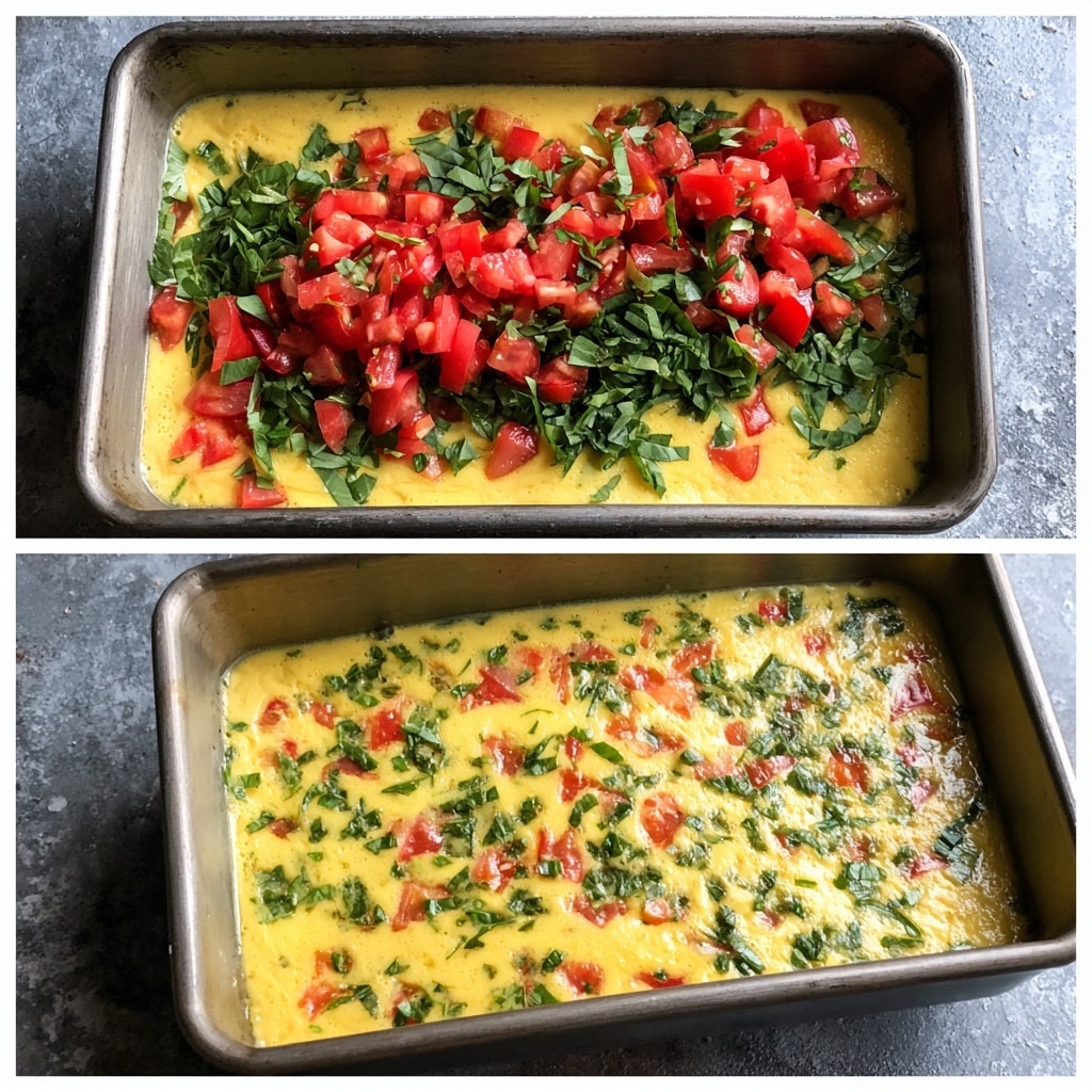 A metal rectangular pan filled with a creamy yellow egg mixture. On top of the mixture, there are roughly chopped fresh green leafy herbs and bright red diced tomatoes, placed mainly in the center. In the next image, the herbs and tomatoes are mixed evenly into the yellow egg base, creating a uniform spread of red and green bits throughout the creamy yellow surface. The pan sits on a white marbled surface with the numbers