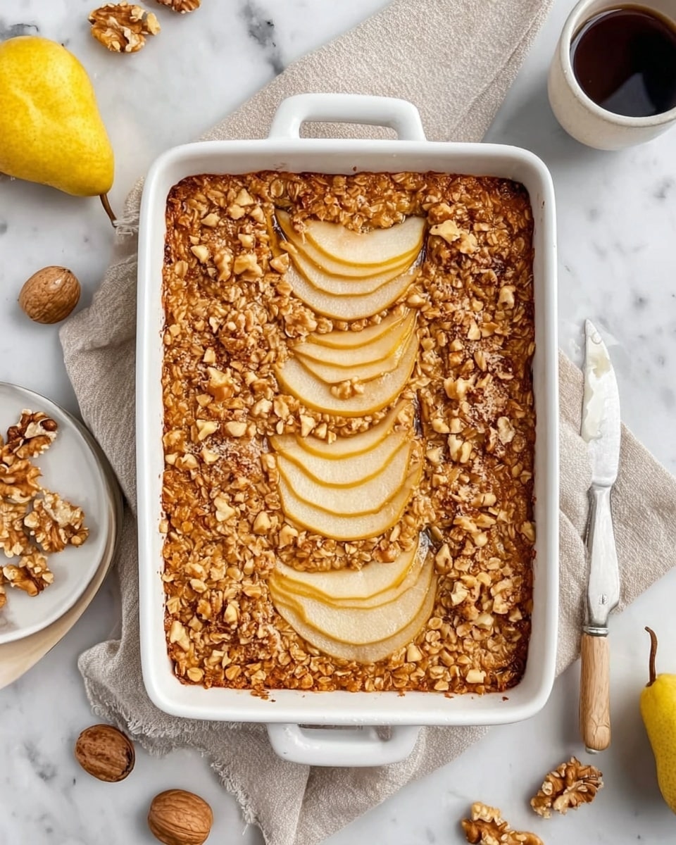 The image shows a baked oatmeal dish in a white rectangular ceramic baking dish with handles. The oatmeal has a warm golden brown color with a textured, crumbly topping mixed with chopped nuts giving it a crunchy look. On top, there are three sets of thin pear slices arranged in a fan shape, partially embedded in the oatmeal. The dish rests on a white marbled surface with a beige cloth napkin underneath it. Around the dish, there is a white plate with walnuts, a yellow pear, a knife with a light wooden handle, and a white cup with dark liquid. photo taken with an iphone --ar 4:5 --v 7