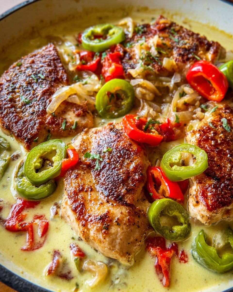 The dish shows three thick pieces of browned chicken fillets, each with a crispy, well-seasoned golden crust. The chicken pieces sit in a creamy light-yellow sauce that fills the bottom of a white pan with a white marbled surface underneath. On top of and around the chicken are bright green sliced pepper rings and small chunks of bright red pepper. There are also bits of cooked onions and herbs scattered in the sauce. The textures include the crispy chicken skin, soft sauce, and tender vegetables. Photo taken with an iphone --ar 4:5 --v 7