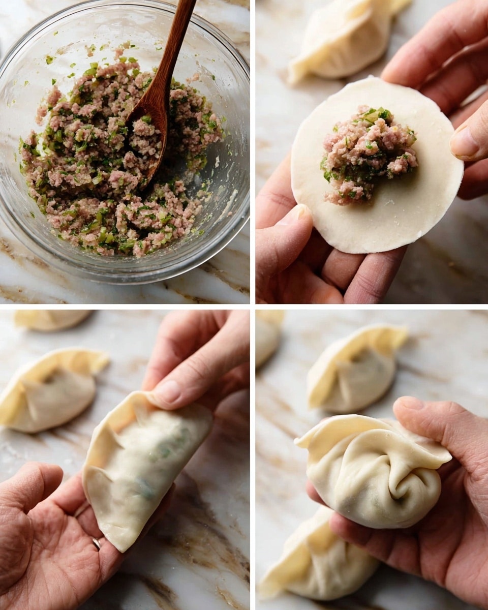 The image shows a step-by-step process of making dumplings on a white marbled surface. In the top left, there is a clear glass bowl filled with a mixed filling of ground meat and chopped green herbs, stirred with a wooden spoon. The top right shows a woman's hand holding a round dumpling wrapper with a small mound of filling placed in the center. The bottom left shows the dumpling folded in half, shaped neatly in the woman's hand. The bottom middle captures the woman pinching the edges of the dumpling to seal it. The bottom right shows the dumpling twisted and closed into a round shape held in the woman's hand. The dough looks soft and smooth with a pale white color, and the filling is moist and textured with bits of green herbs and meat. photo taken with an iphone --ar 4:5 --v 7