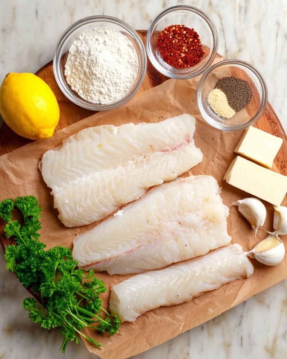The image shows four raw white fish fillets laid flat on a piece of brown parchment paper on a wooden board. To the left of the fillets, there is a bright yellow lemon and fresh green curly parsley. Above the fish, there are two small clear glass bowls, one with white flour and the other with mixed spices in a small white bowl containing red, black, and beige powders. At the top right corner, there are three cloves of garlic and several white rectangular slices of butter. The whole setting is on a white marbled surface. Photo taken with an iphone --ar 4:5 --v 7