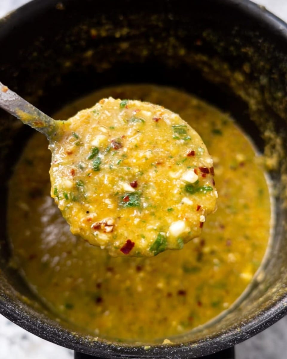 A close-up image shows a spoonful of thick, yellow sauce with bits of garlic, red chili flakes, and green herbs being lifted from a black pot. The sauce looks creamy with a slightly chunky texture, containing small white pieces and finely chopped greens, blending smoothly with flecks of red pepper spread throughout. The pot's interior is dark and worn, contrasting with the vibrant sauce, and the surface underneath is white marbled texture. A woman's hand holds the spoon, showing the sauce's rich and colorful details. photo taken with an iphone --ar 4:5 --v 7