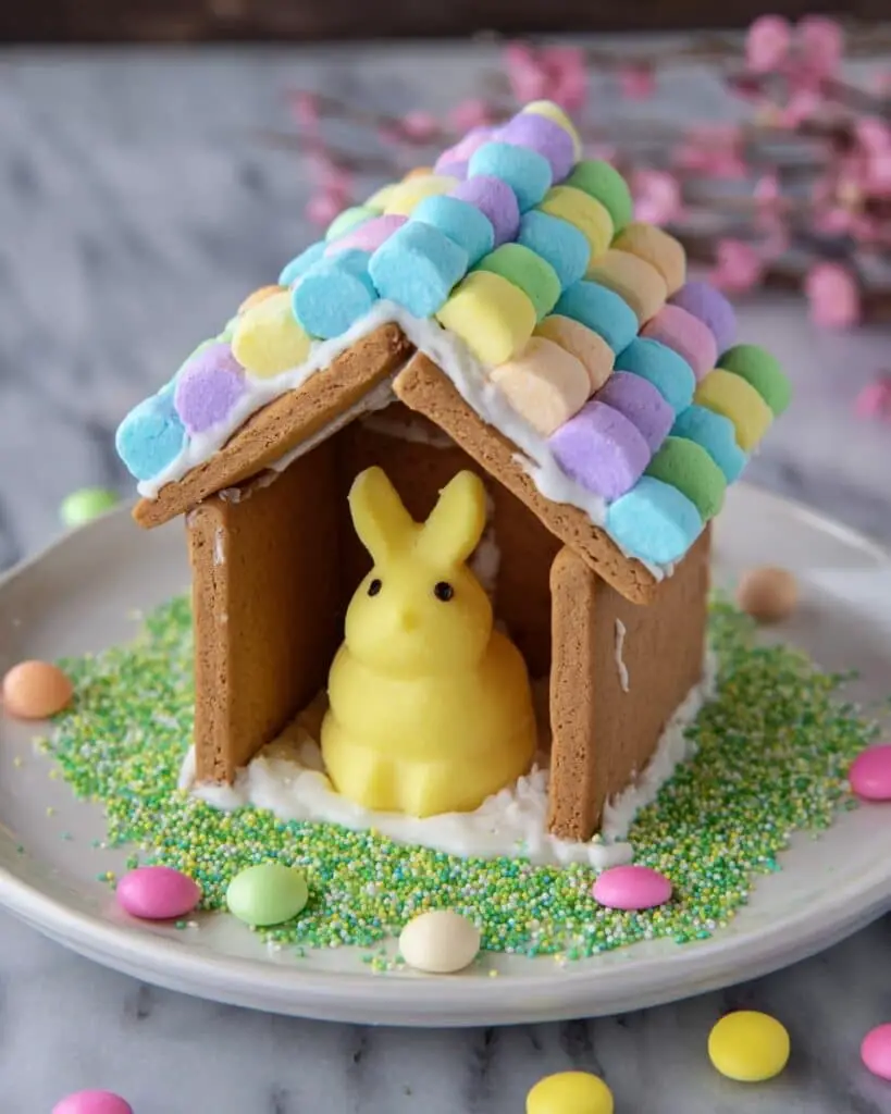 Cute Easter Peeps House with Graham Crackers and Candy Decorations Recipe
